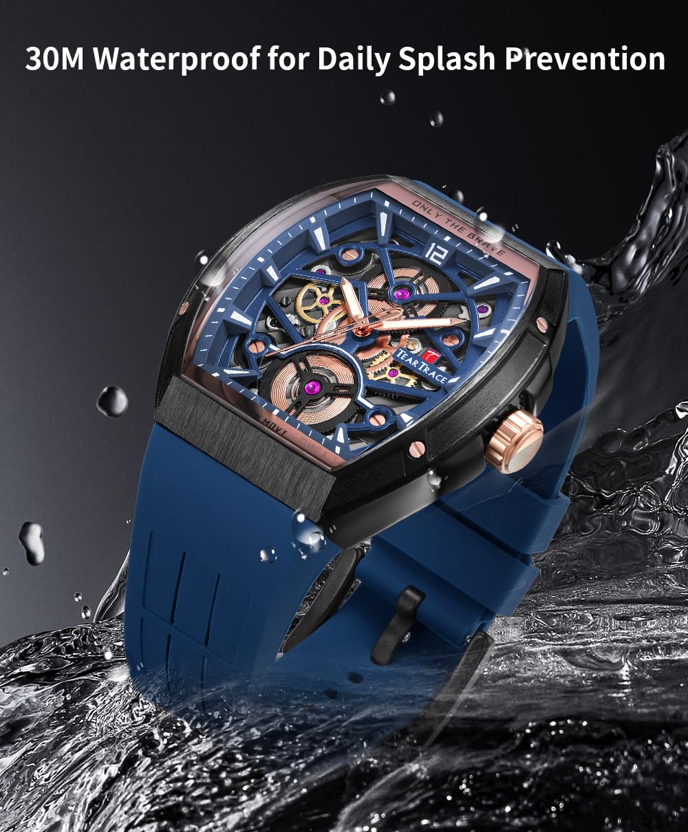 TEARTRACE Herrenuhren mit Silikonarmband Analog Tonneau Japanische Quarzuhren für Männer Wasserdicht Big Face Sport Arbeit Schwarz/Blau/Braun Armbanduhr, Blau