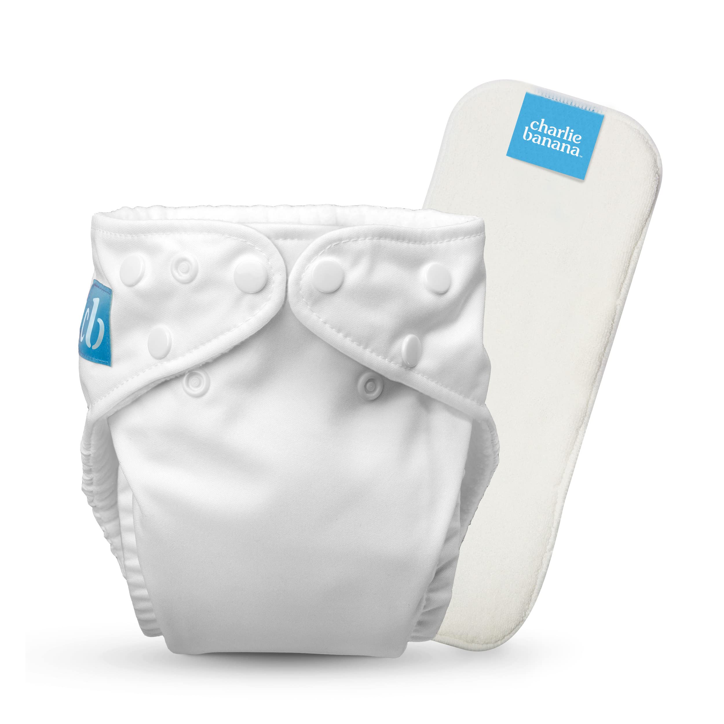 Charlie Banana Couche-culotte réutilisable en tissu avec insert, lavable, avec boutons-pression, taille unique, réglable, pour bébés et tout-petits, blanc, 1 pièce