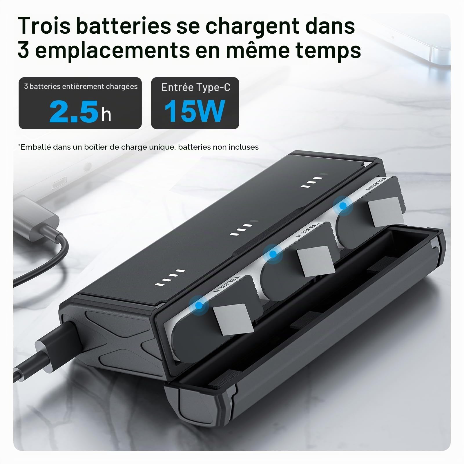 Batterie d'endurance pour Go Pro Hero 12 11 10 9 1750 mAh Endurence Battery, Chargeur Rapide, étui de Rangement pour Carte TF pour Go Pro Hero 9 10 11 Noir
