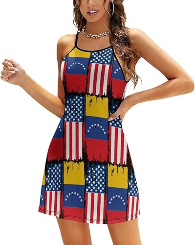 USA Venezuela Flag Women's Spaghetti Strap Dress Party Mini Adjustable Sundress Casual Beach