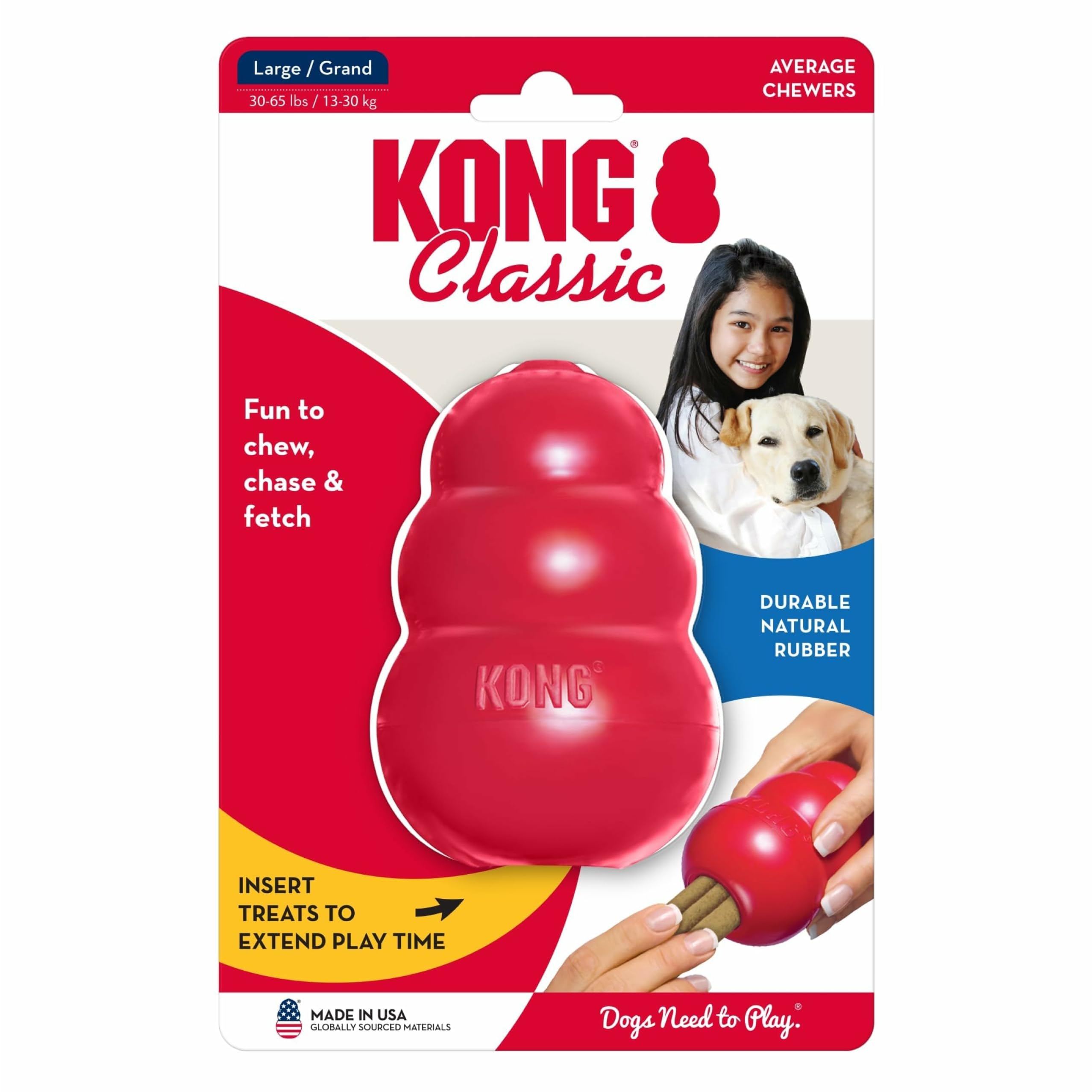 KONG Lot de 2 jouets classiques à mâcher pour chiens – Capacité de remplissage de friandises et rebond erratique pour une durée de jeu prolongée – Matériau en caoutchouc naturel durable – Pour grands