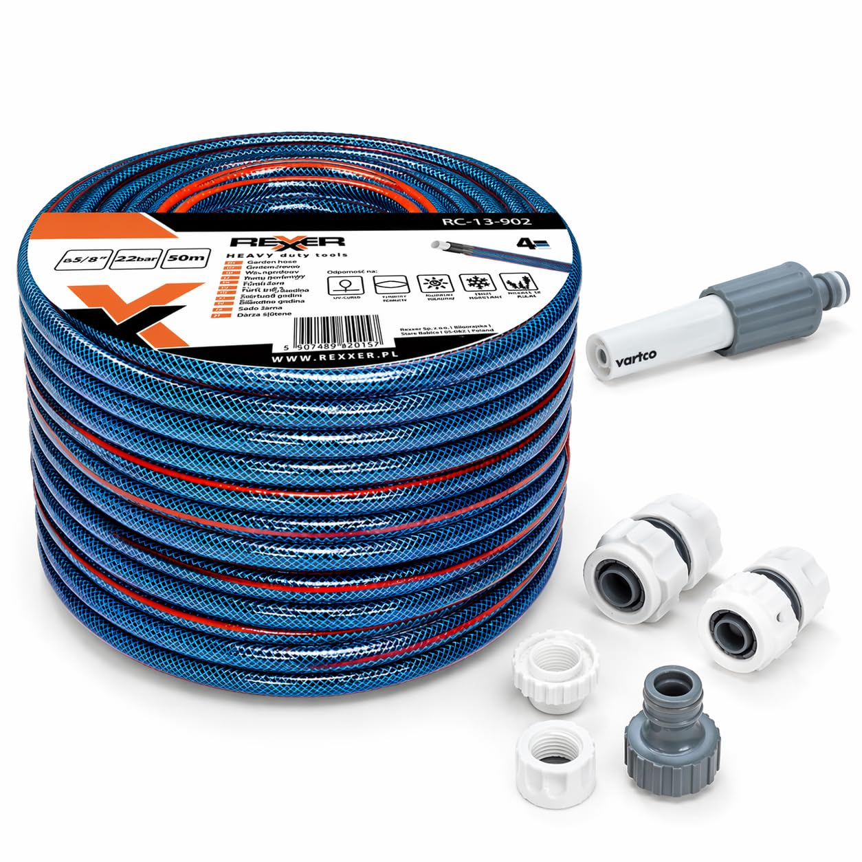 REXXER Gartenschlauch-Set 50 m, 3/4 Zoll, 4-lagig, Sprühdüse | UV-beständig, flexibel, Schnellkupplungen, Wasserhahnanschluss, für Gartenbewässerung