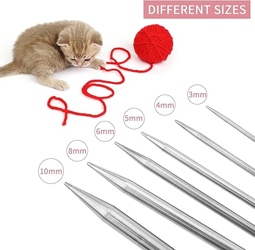 Miniatura 3 de ASTER 6 agujas de tejer circulares de 0.12 a 0.39 pulgadas (3 a 0.394 in) de acero inoxidable flexible con alambre, aguja de tejer de ganchillo
