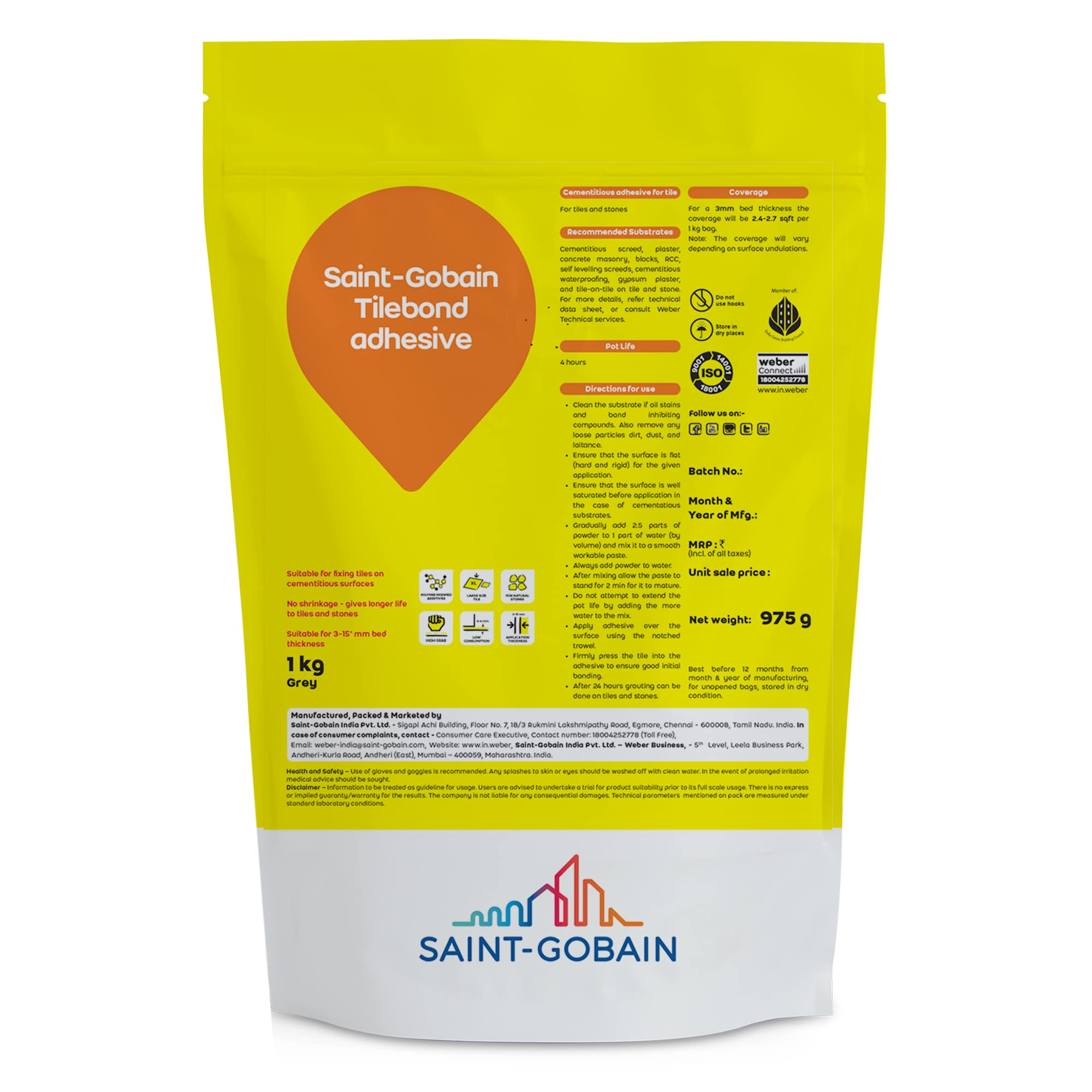 Saint-Gobain Tilebond adhesive | Easy to to use tile adhesive for fixing tiles (4.5 kg) (B09RB1FHL8) Amazon Price History, Amazon Price Tracker