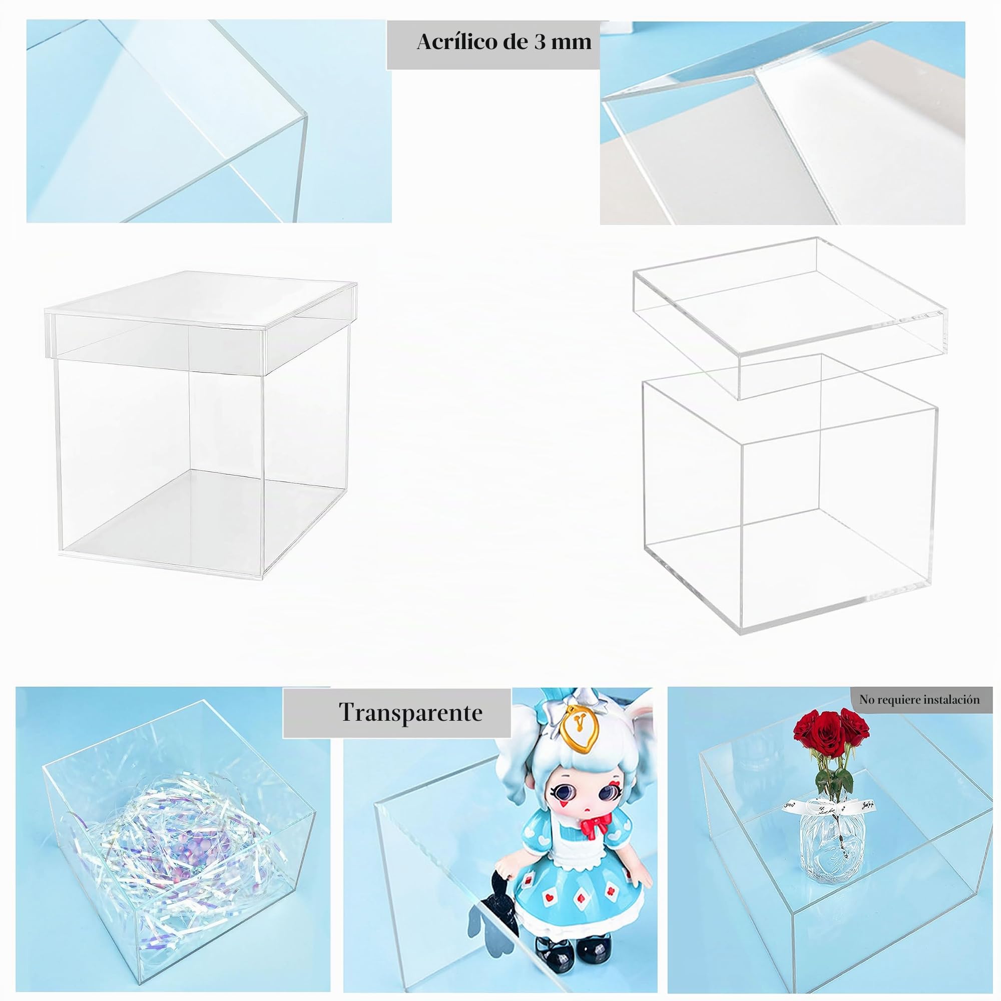 TUKA-i-AKUT 20x20x20cm Vitrina Expositora de Acrílico 5 Lados con Tapa, Almacenamiento Decorativo Caja de Presentación Forma de Cubo, Escaparate para Figuras Colecciones Joyas Regalos Joyas, TKD8254