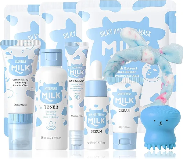 10 In 1 Milk Skincare Products, Milk Skin Care For Teens 10-12 Girls, Natural Skincare For Girls 10-12 Gift Set With Cleanser,Eye Cream,Toner,Serum,Face Moisturiser, Skin Care For Kids