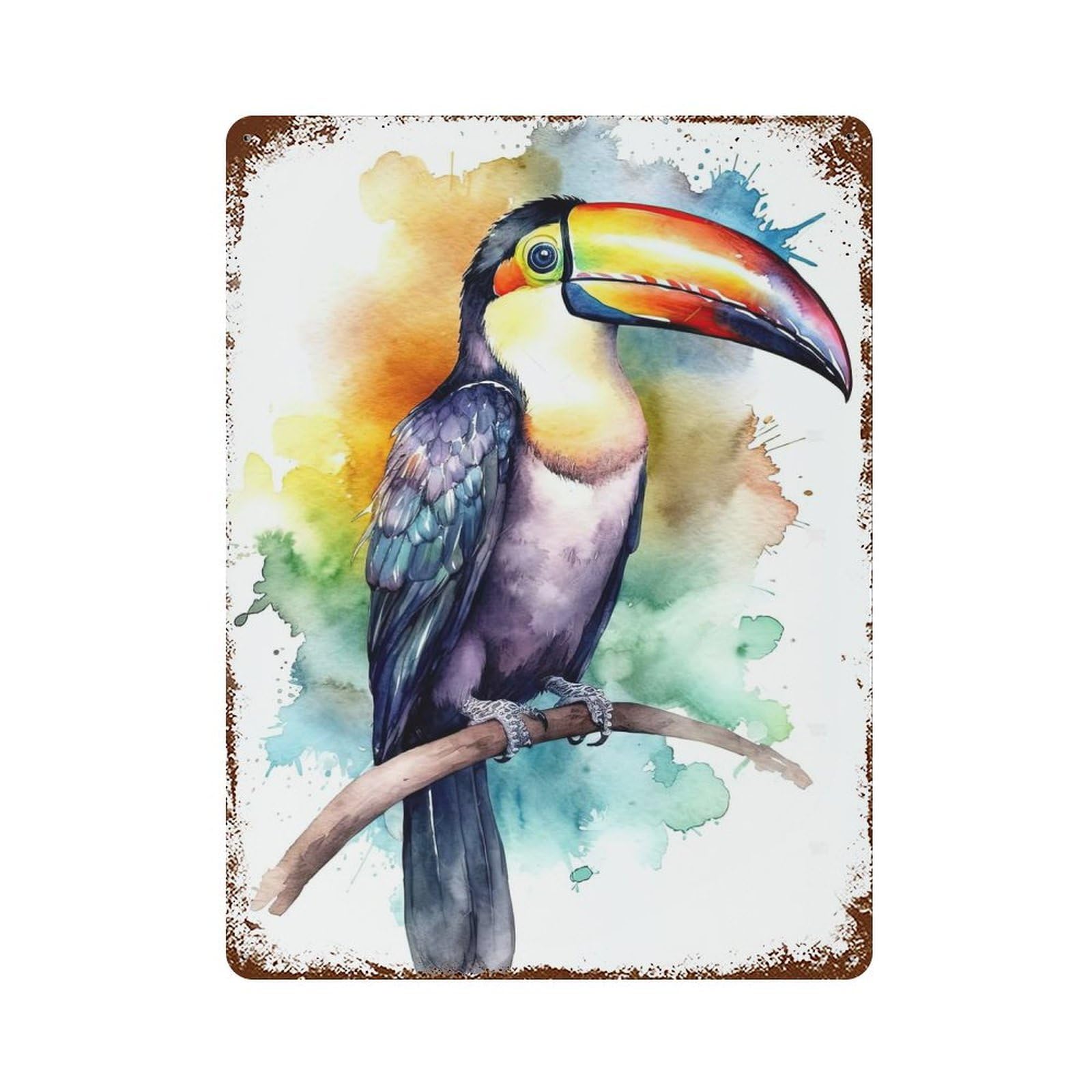 Rust Effect Watercolor Toucan Painting Aged Metal Wall Plaque 15.7"x11.8", Classic Wall Plaque for Basement, Hobby Room And Garage Decor