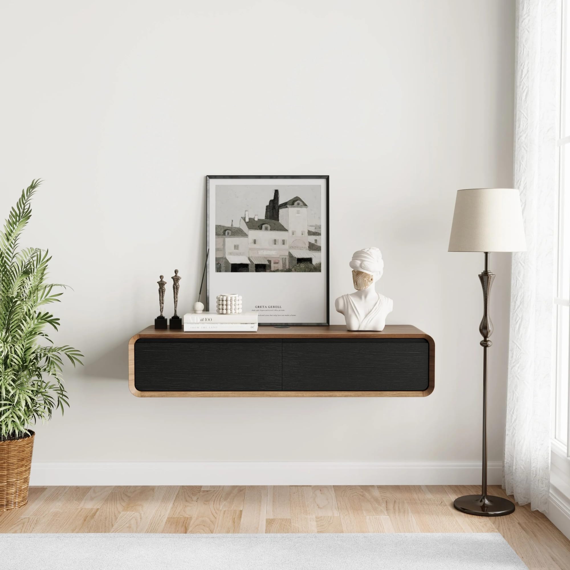 POVISON Mueble de TV flotante de 120 cm, moderno color negro y roble de madera maciza con 2 cajones, mueble para TV con gestión de cables, mueble completo con espacio de almacenamiento para salón