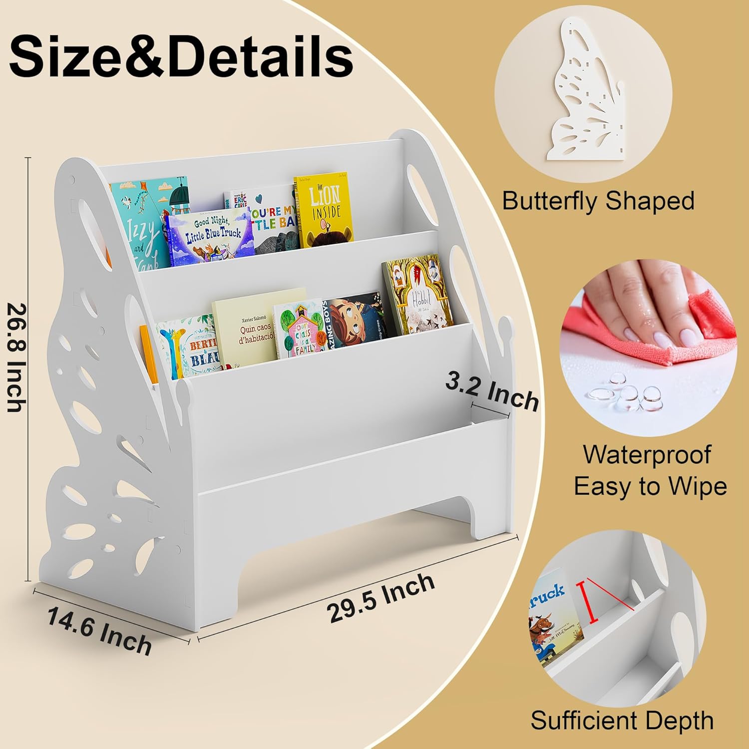3 Tier Butterfly Kids Bookshelf - Nursery Bookshelf for Storage Organizer, Free Standing Baby Bookcase for Kids Rooms, Children Bookcase for Playing Room, Bedroom, Nursery, Classroom, White.