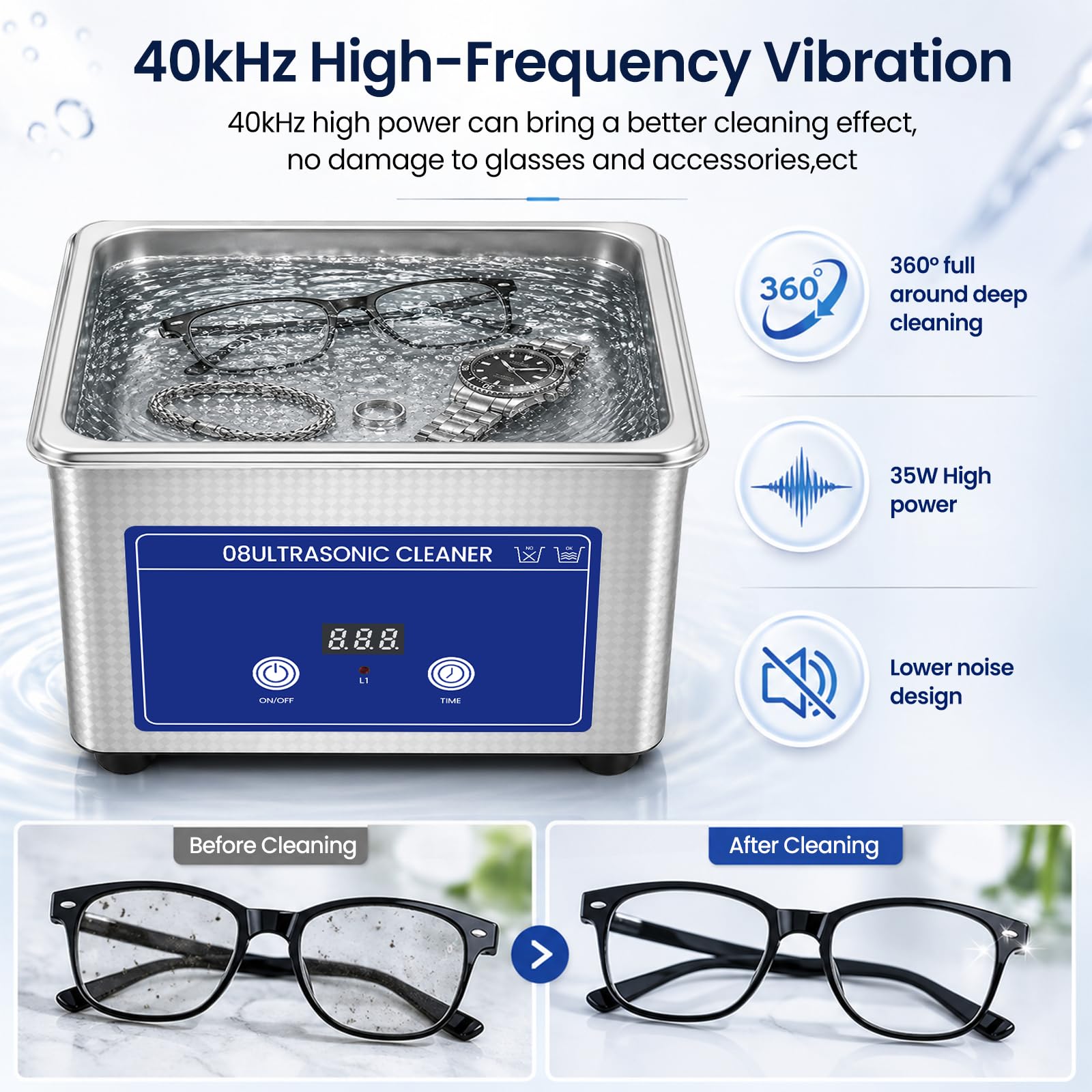 Ultraschallreinigungsgerät, Ultraschallreiniger, Ultraschallgerät, Ultrasonic Cleaner, für Zahnspangen,Brillen,Ringe,Uhren,Inklusive Reinigungstuch