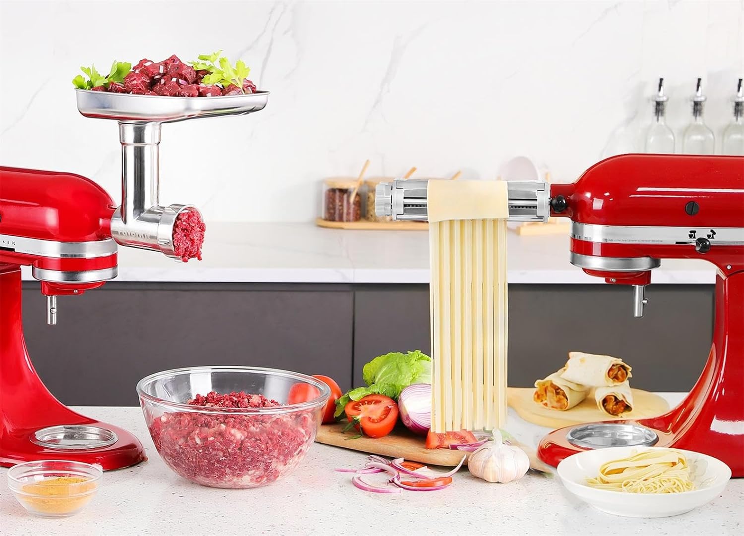 Food Grinder & Pasta Maker Attachments for KitchenAid Mixers Included Pasta Sheet Roller, Spaghetti Cutter, Fettuccine Cutter, Meat Grinder and Sausage Stuffer Accessories