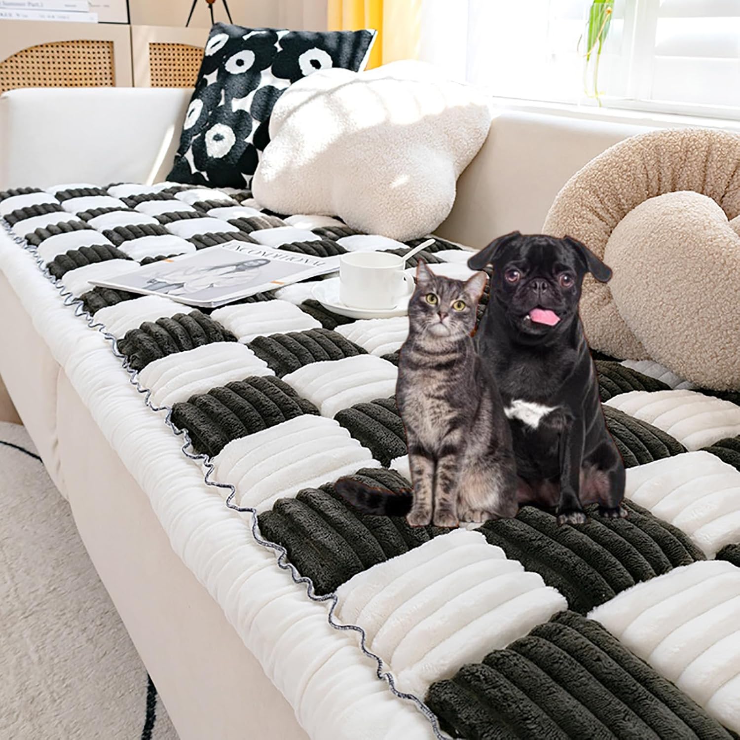Funnyfuzzy CreamColoured Large Plaid Square Pet Mat Bed