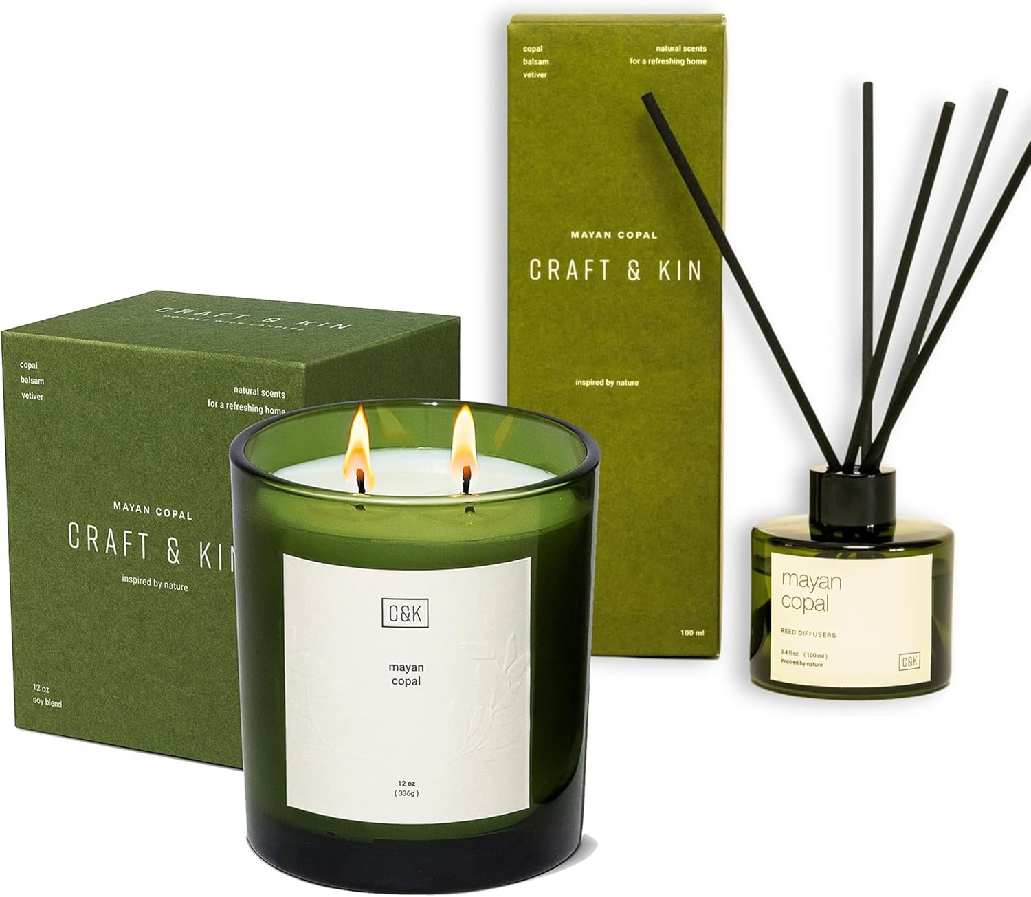 Craft & Kin Home Fragrance Bundle | Mayan Copal Scented Candle & Reed Diffuser Set for Men | Premium Soy Candle with Wood Wicks | Long Lasting Candles & Diffusers