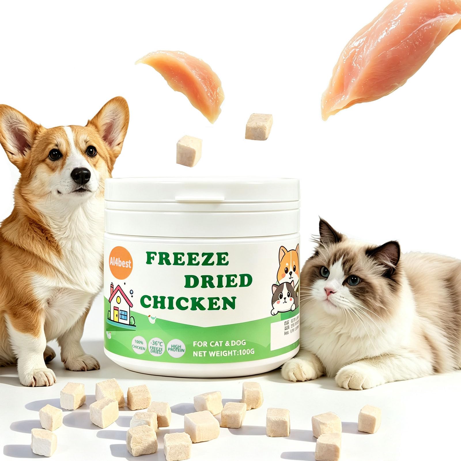 Freeze Dried Chicken Breast Cat Treats and Food 100g 100% Chicken Natural Grain Free Allergen-Free & Hypoallergenic Easy Digestion Nibbles Nutritious Cat, Kitten and Dog Snacks(Small-Sized Cube 10mm) — image 1