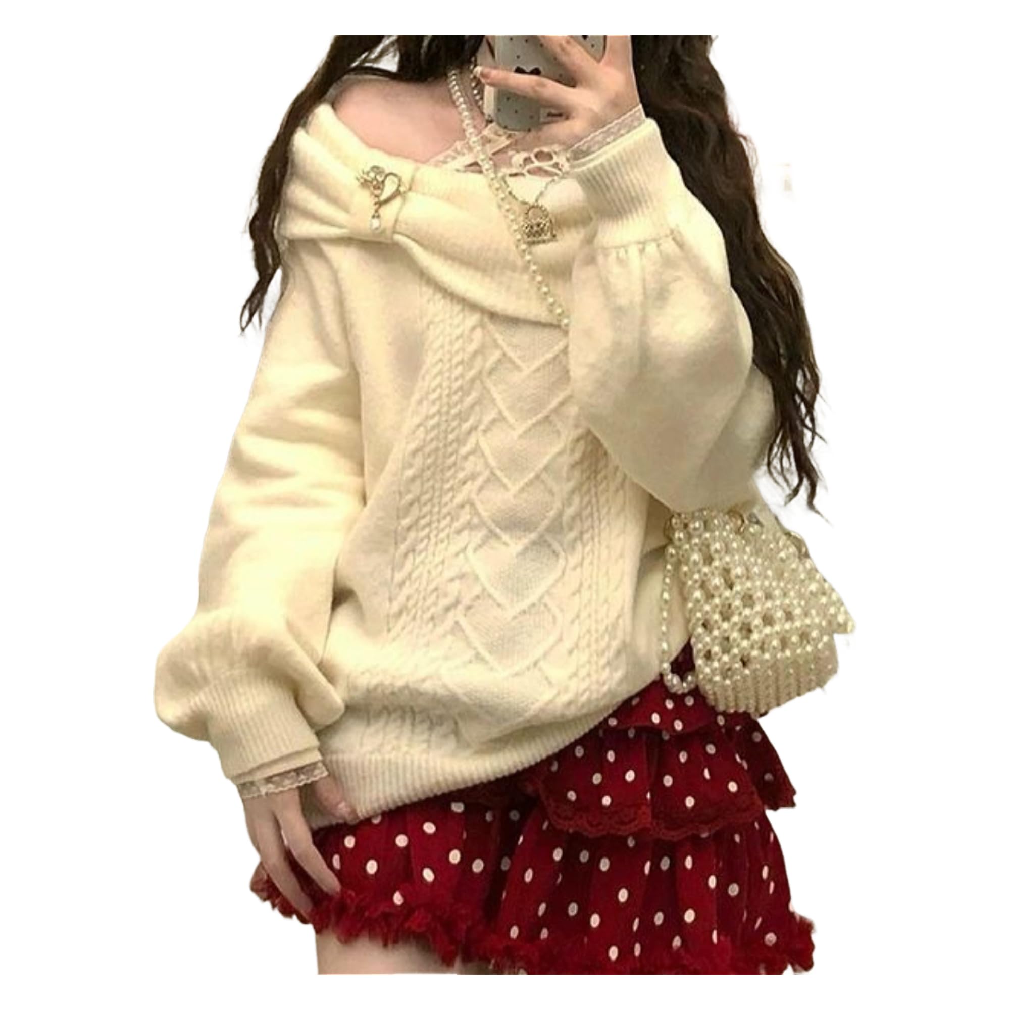 Kawaii Off Shoulder Cutecore Sweater Shirts Fall Y2k Cute Coquette Aesthetic Tops Cable Knit Sweater Women Teen Girls
