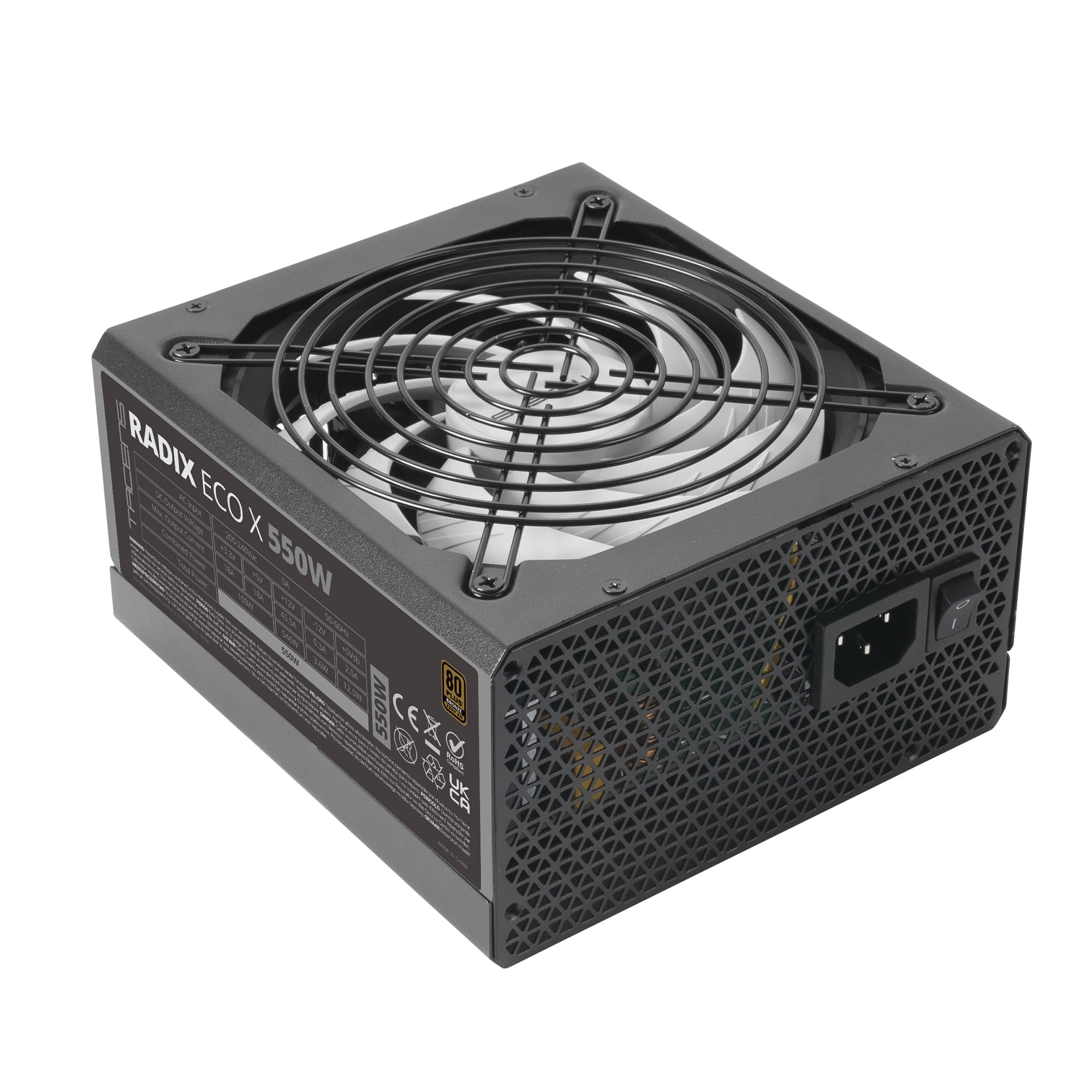 Tacens Radix ECO X 550 Alimentation ATX 550W, 80 Plus Bronze, Noir | Garantie 6 Ans, Ventilateur 140mm FDB, Certifié 80Plus Bronze, Efficacité Énergétique 86 %, SMD et DC-DC