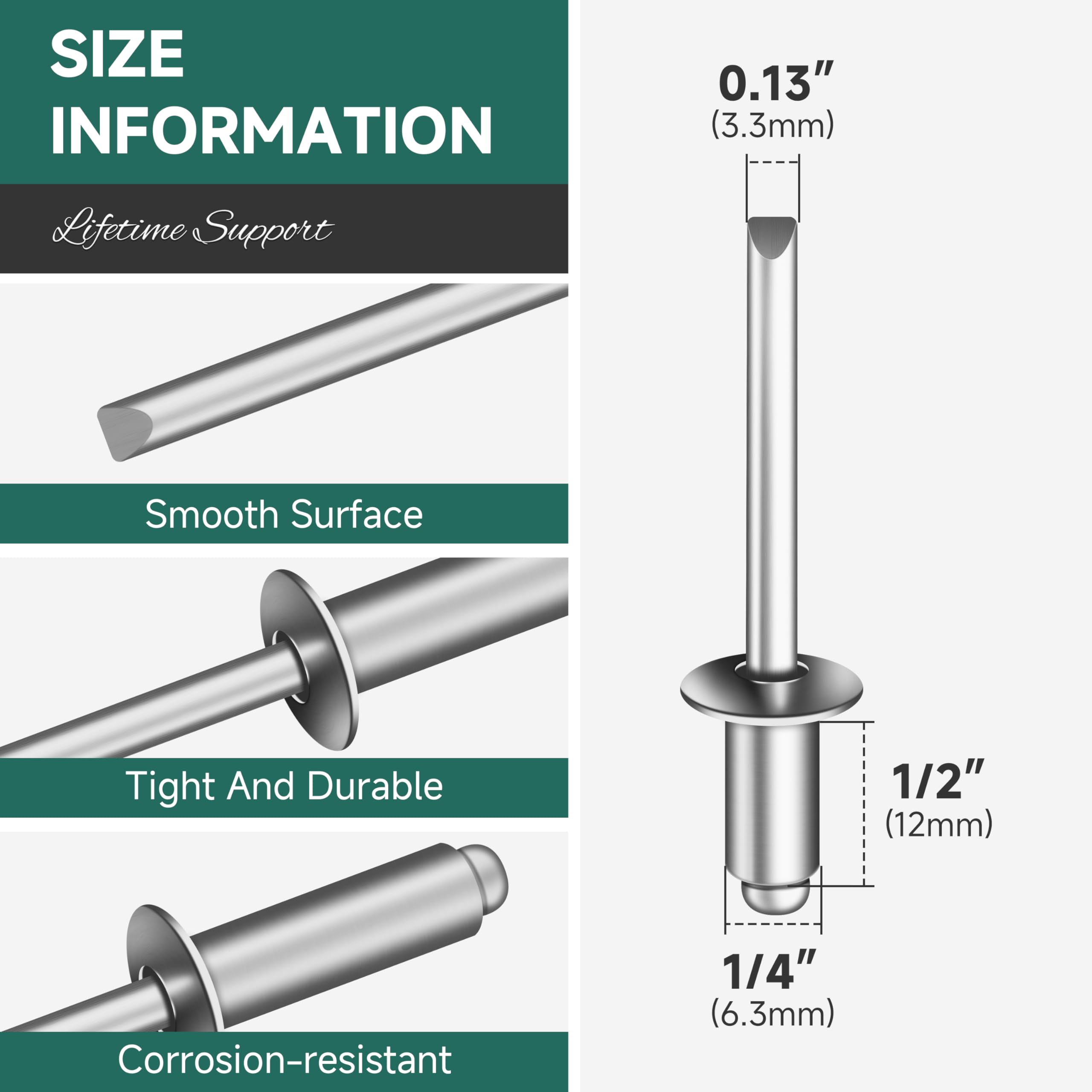 Aluminum Blind Rivets - 150 Pcs (1/4" x 1/2") -2