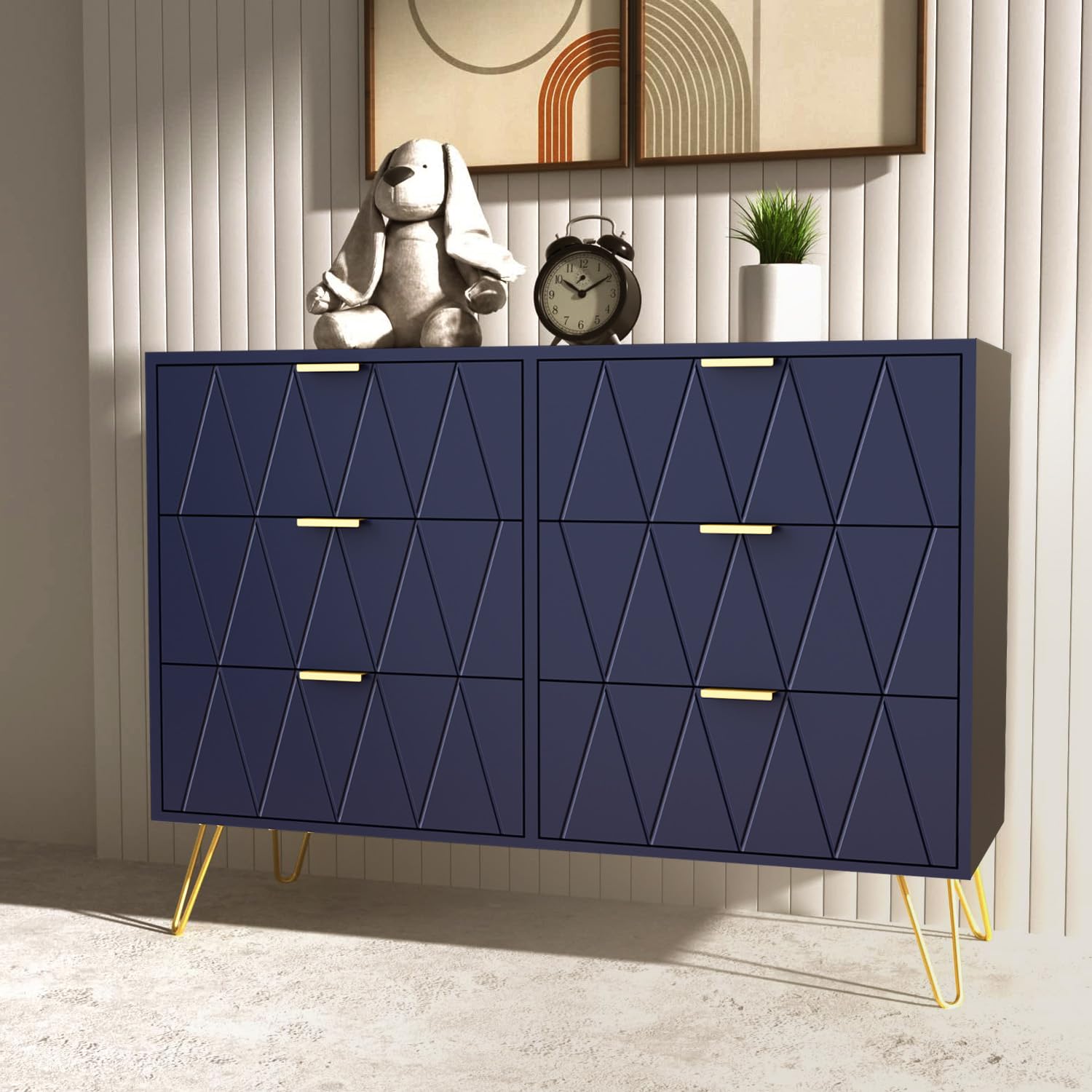 UEV Cassettiera 6 Cassetti, Comò in Legno ingegnerizzato, Mobile Cassettiera Salvaspazio per Camera da Letto, Soggiorno, 100 x 34 x 73cm, Blu