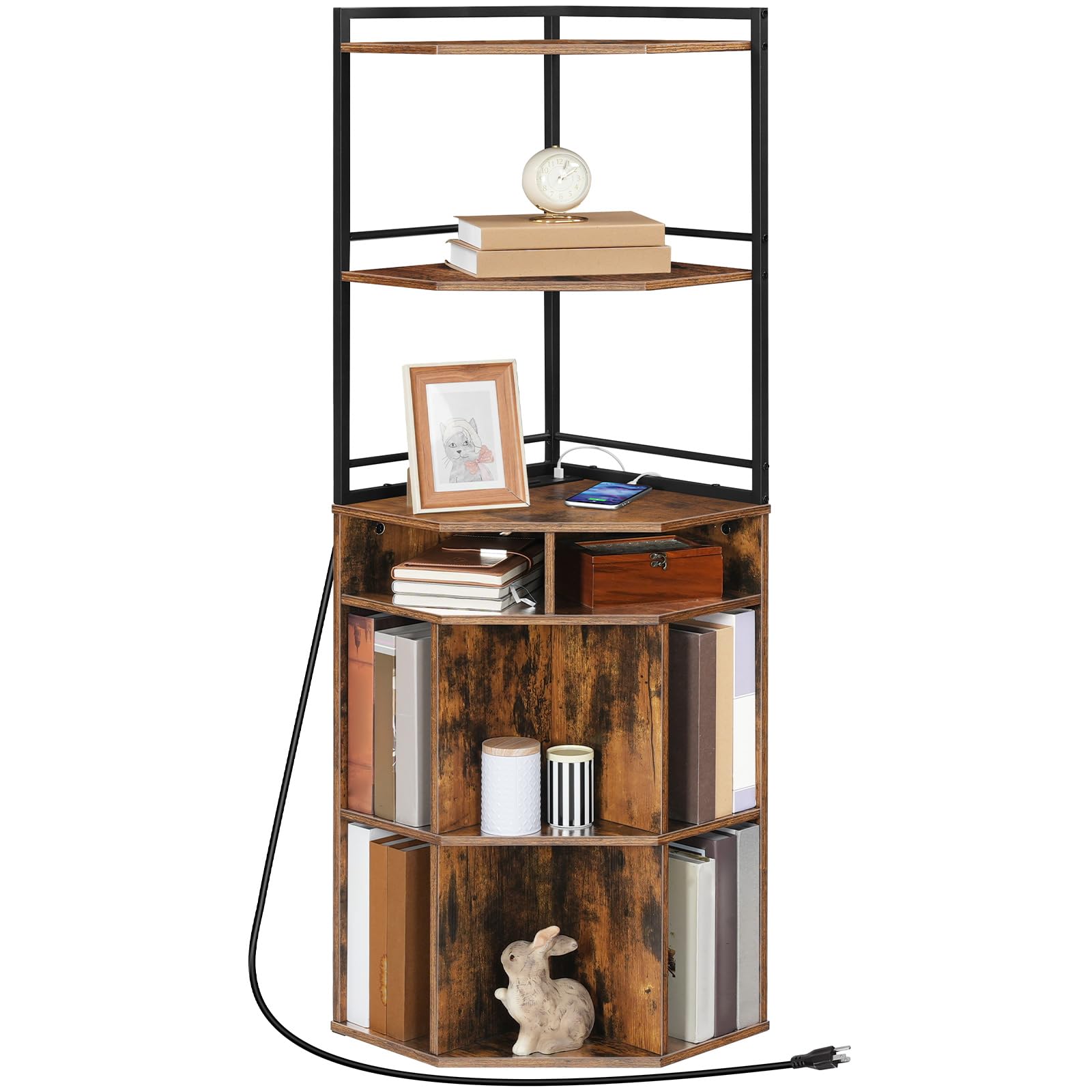 Photo 1 of Corner Shelf with USB Ports and Outlets, Corner Storage Cabinet Charging Station, Corner Cube Bookshelf, Wooden Corner Display Shelf with Storage for Living Room, Rustic Brown BF34UCJ01 Rustic Brown + Black