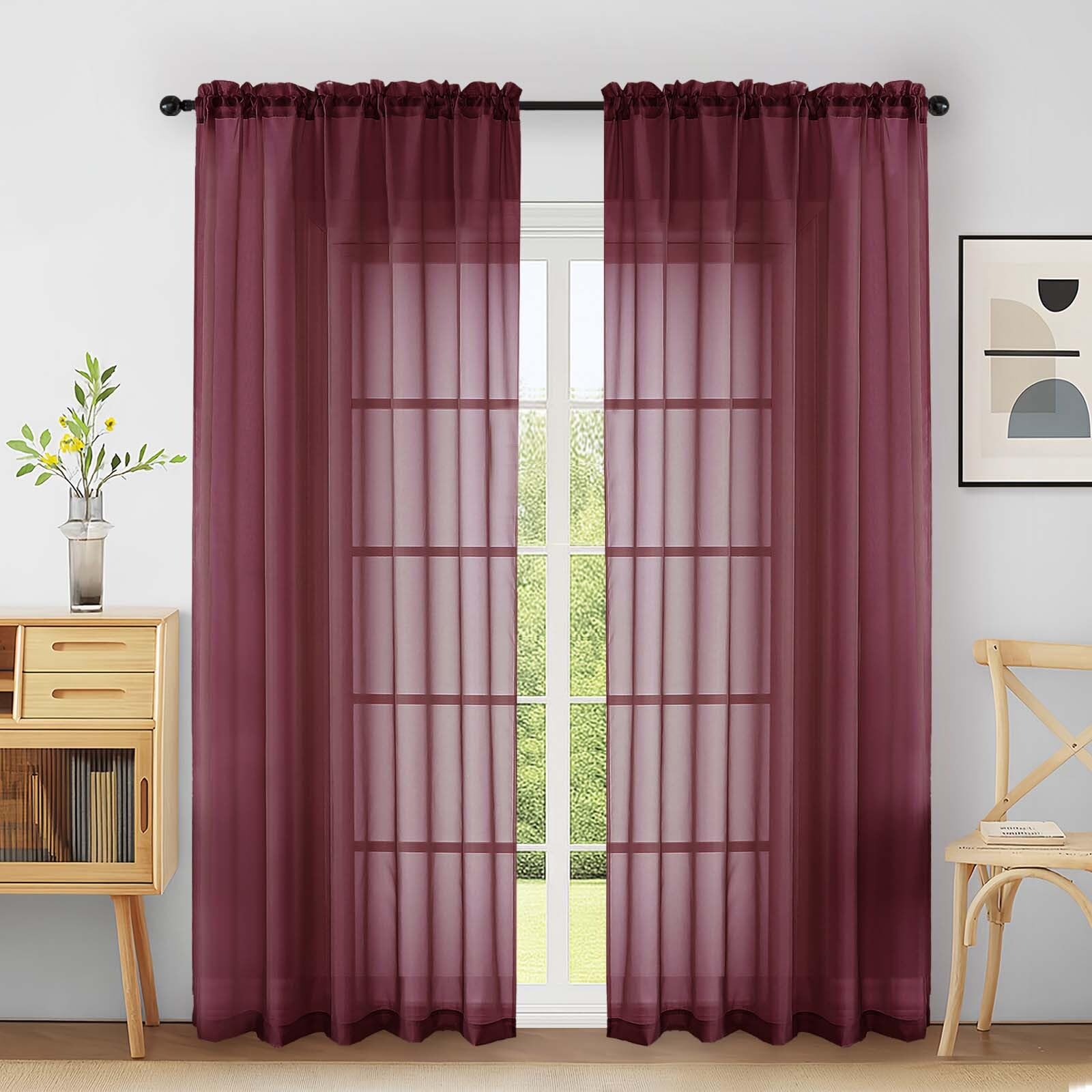 Ebesto Extra Wide Sheer Curtains 84 Inches Long 2 Panels, Soft Airy Transparent Light Filtering Christmas Curtains for Sliding Glass Door, Top Dual Rod Pocket Design, Burgundy, 2x59Wx84L Inches