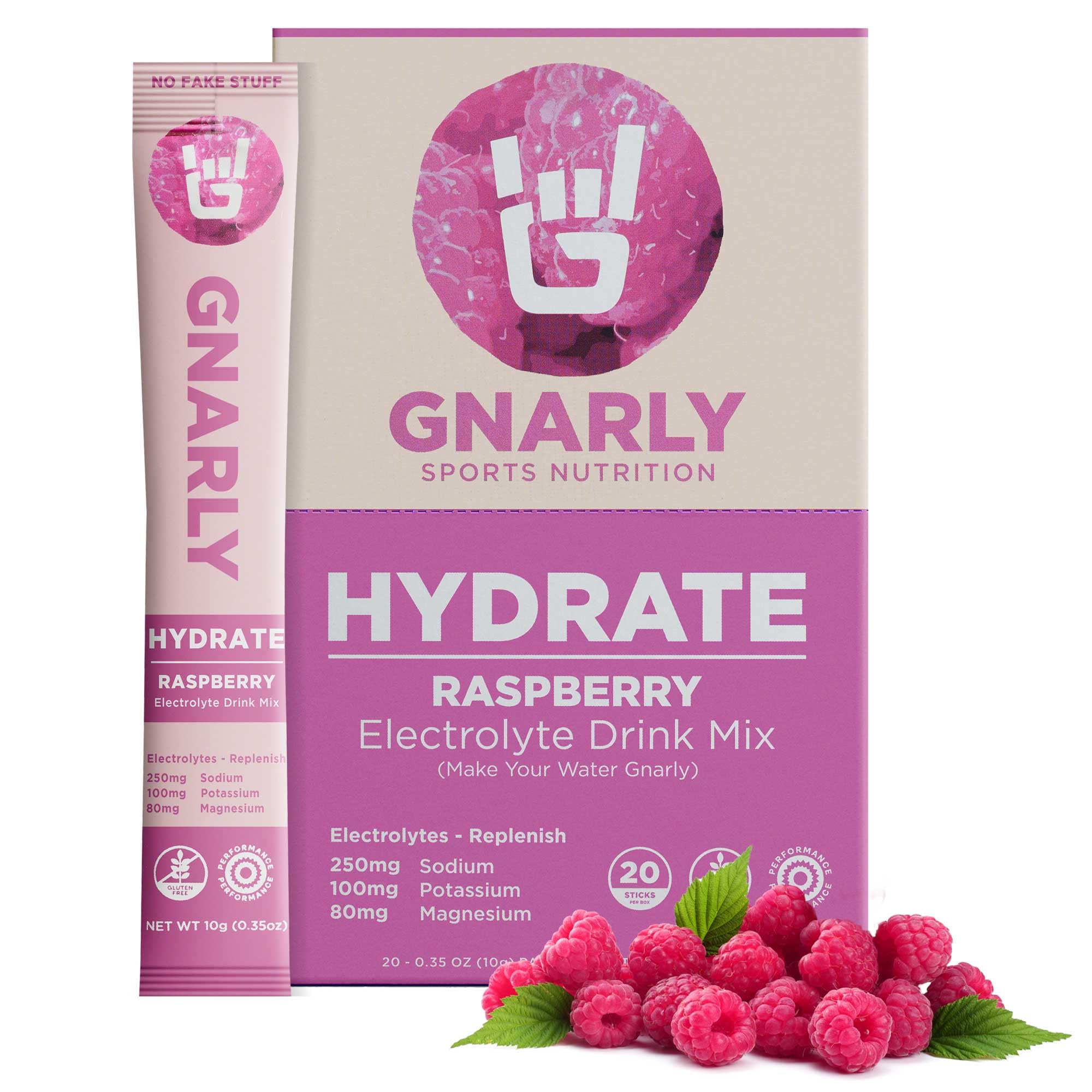 Gnarly Nutrition Suplemento para hidratação em pó, sabor framboesa, caixa com 20 sachês
