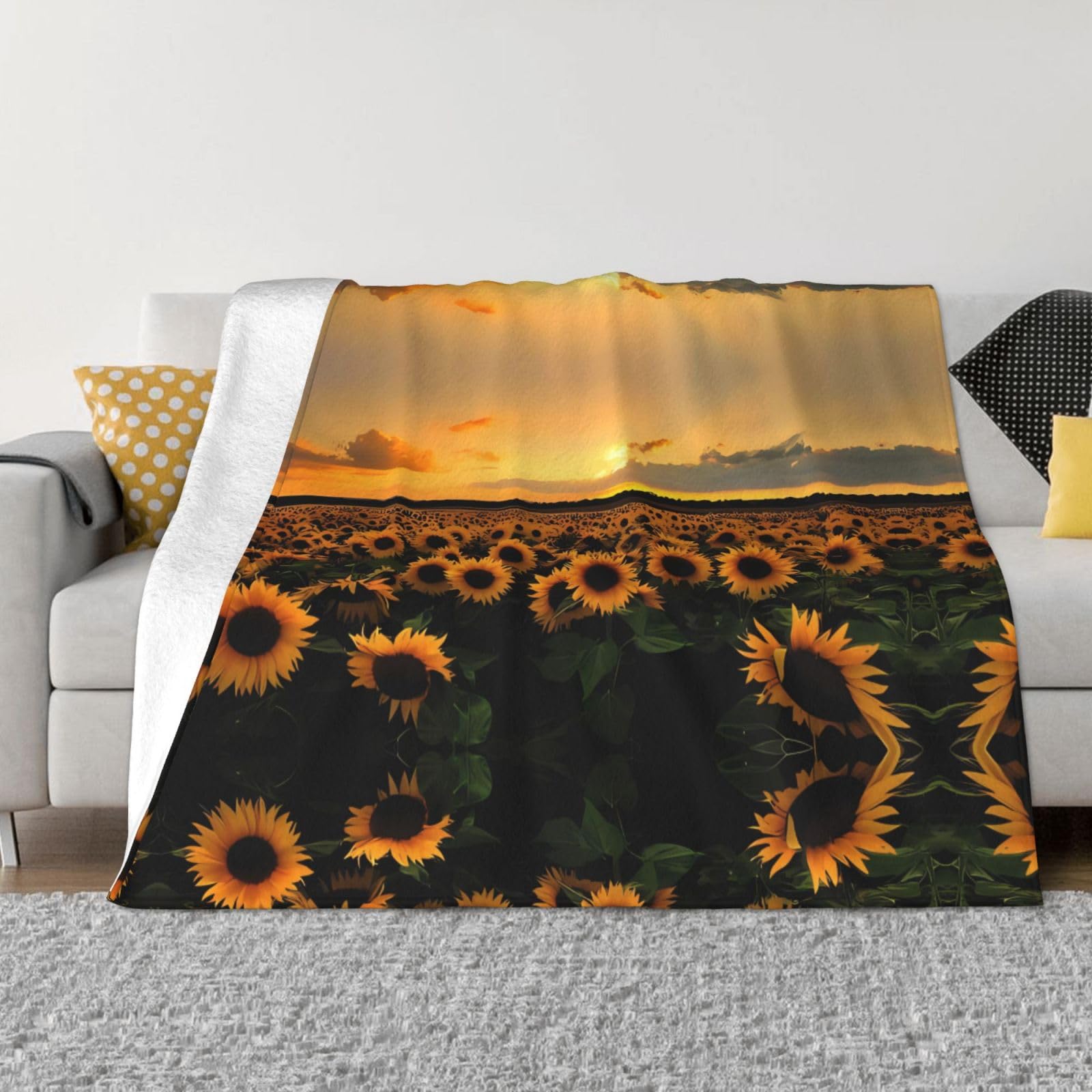 Couverture de lit en flanelle motif tournesols et mer de 127 x 101 cm