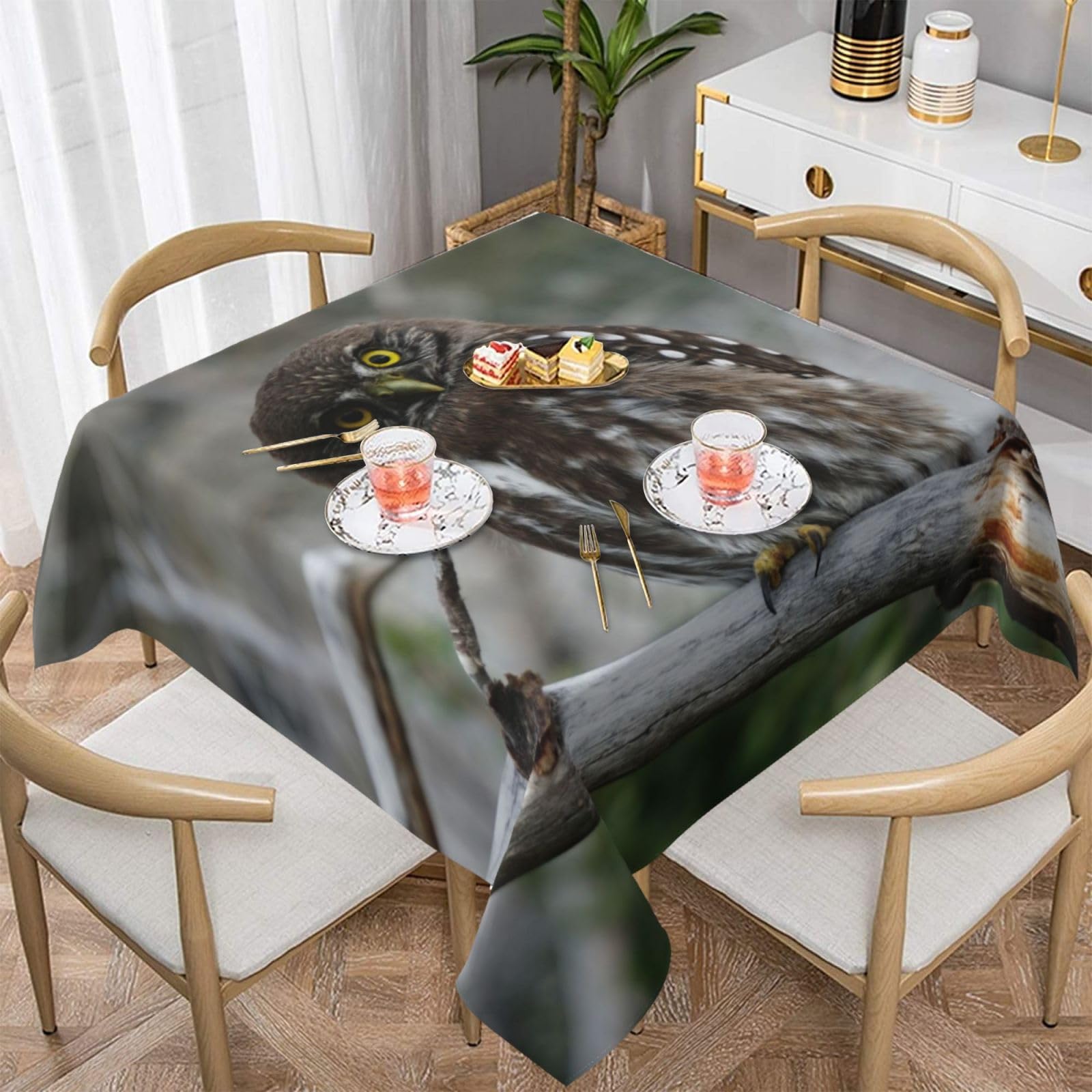 DCEHGEW Wild Owl Birds Prints Square Tablecloth 152x152 CM, Waterproof Fabric Table Cloth for Dining Table, Farmhouse Table Cover for Kitchen Dining Tabletop Decoration