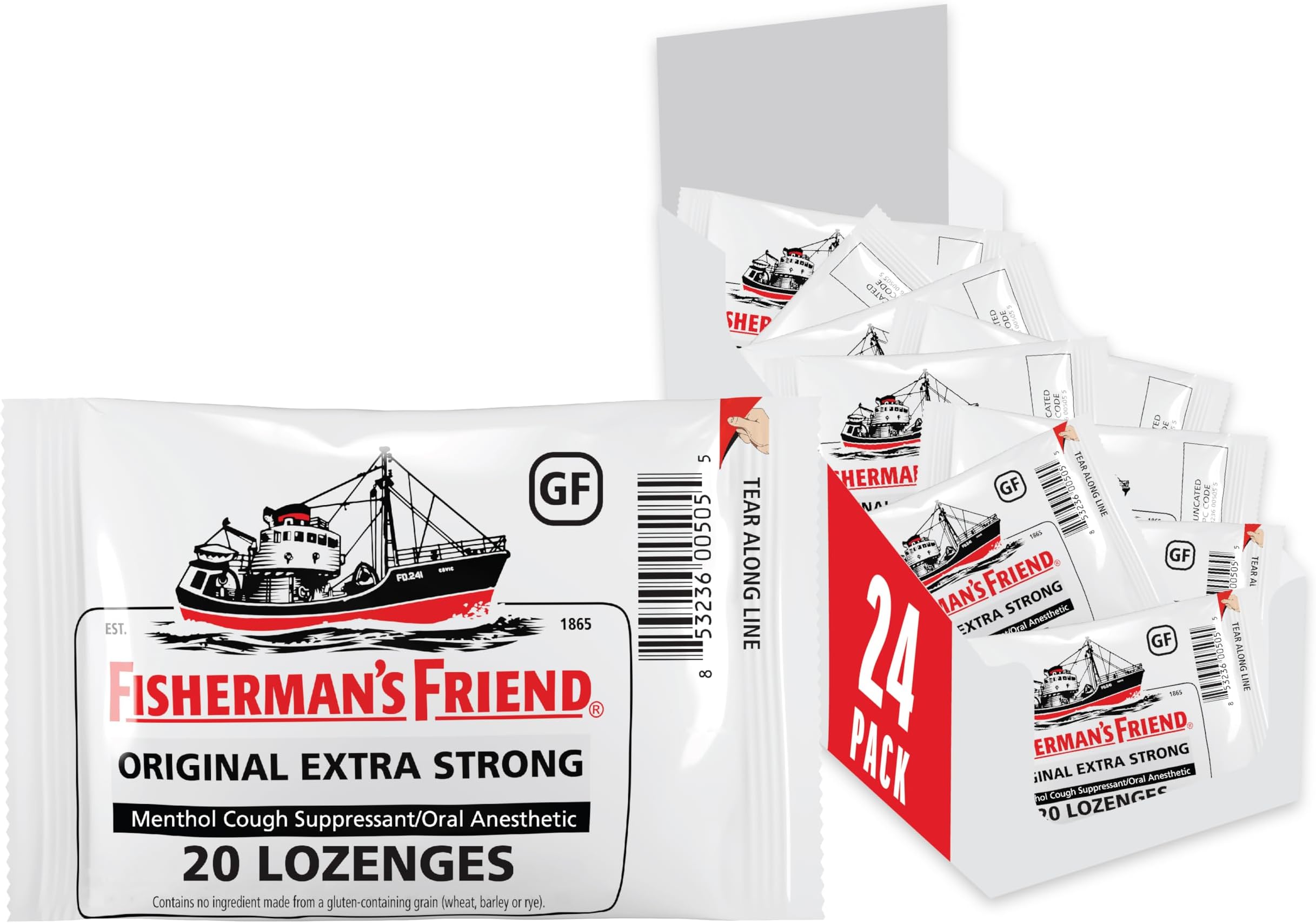 Fisherman's Friend Original Extra Strong Cough Lozenges (20 Drops x 24-Pack), 10mg Natural Menthol, Cooling Relief from Sore Throat, Persistent Cough & Everyday Irritation, Vegan & Gluten-Free