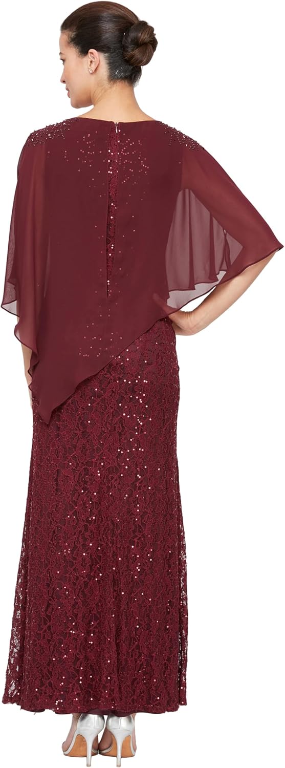S.L. Fashions Womens Long Shimmer Foil Printed Chiffon Overlay Wedding Guest Capelet Gown, Formal Dress W/Attached Cape - Image 2