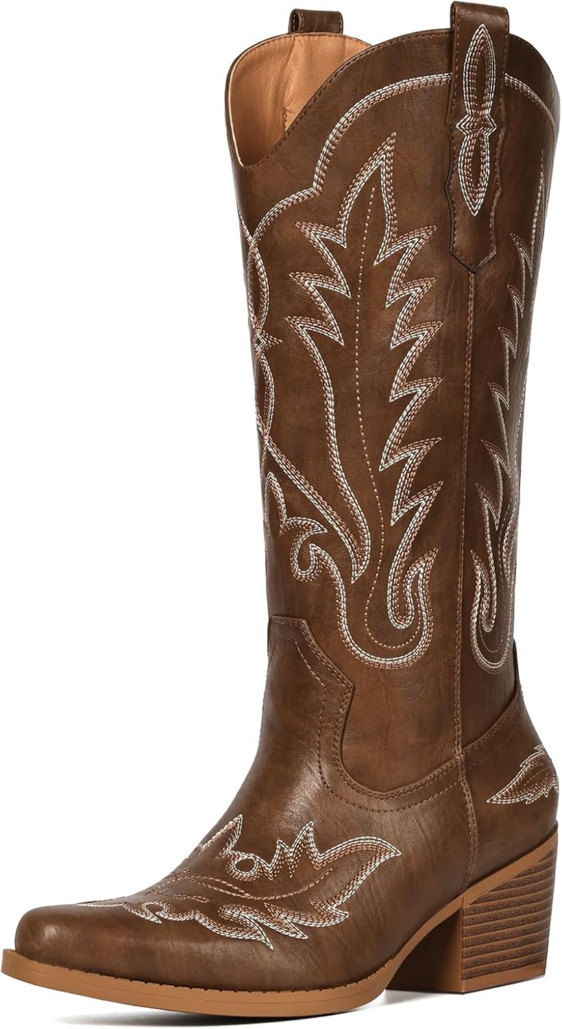 Suede Cowboy Boots for Women Western Mid Calf Cowgirl Boots with Embroidered, Retro Snip Toe Fashion Boot With Chunky Block Heel Summer Fall Country Music Festival Cowboy Chic - Image 4