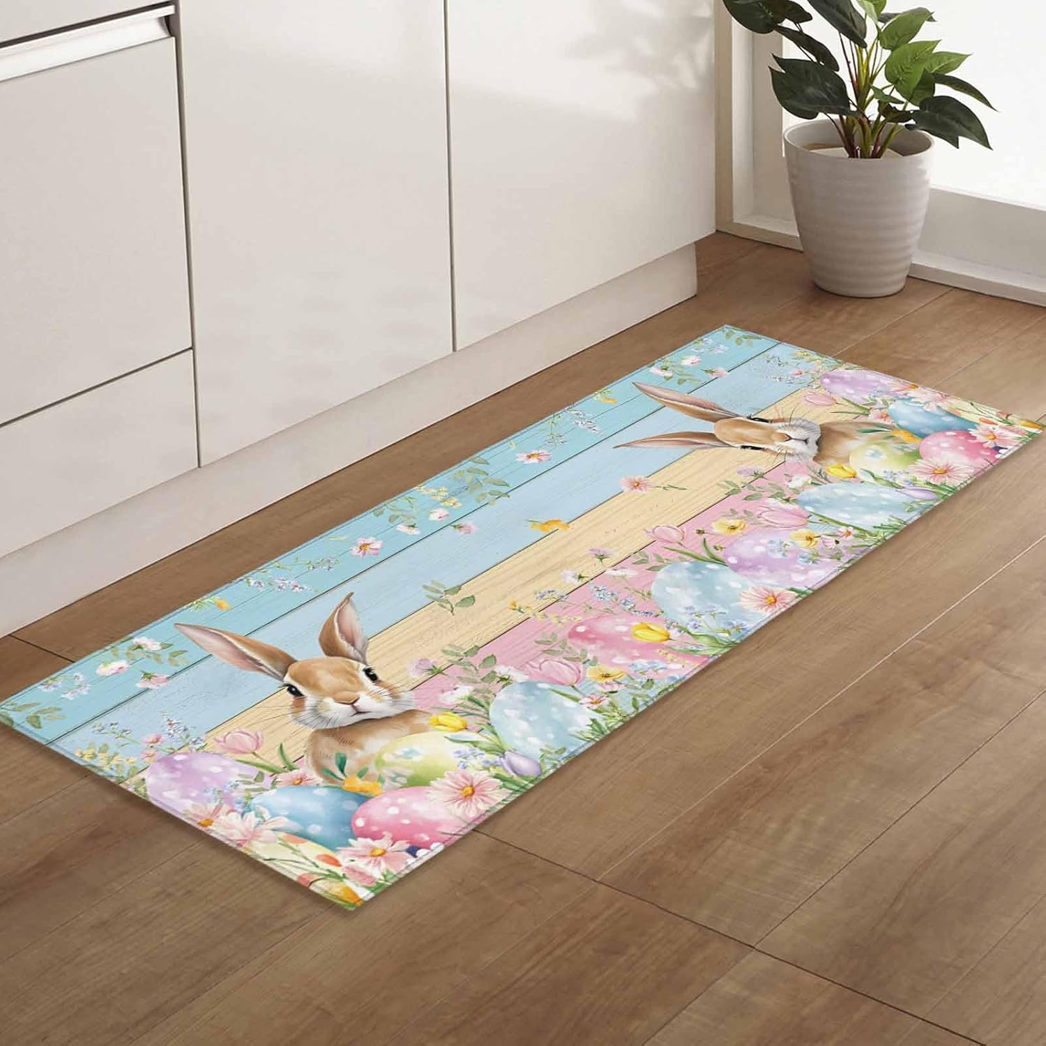 Teamery Kitchen Mats for Floor Spring Easter Eggs Rabbit Flower Washable Non Slip Kitchen Rugs 1PCS, Plant Colorful Wood Grain Absorbent Standing Mats for Sink Bathroom Office Living Room 23.6x70.9in