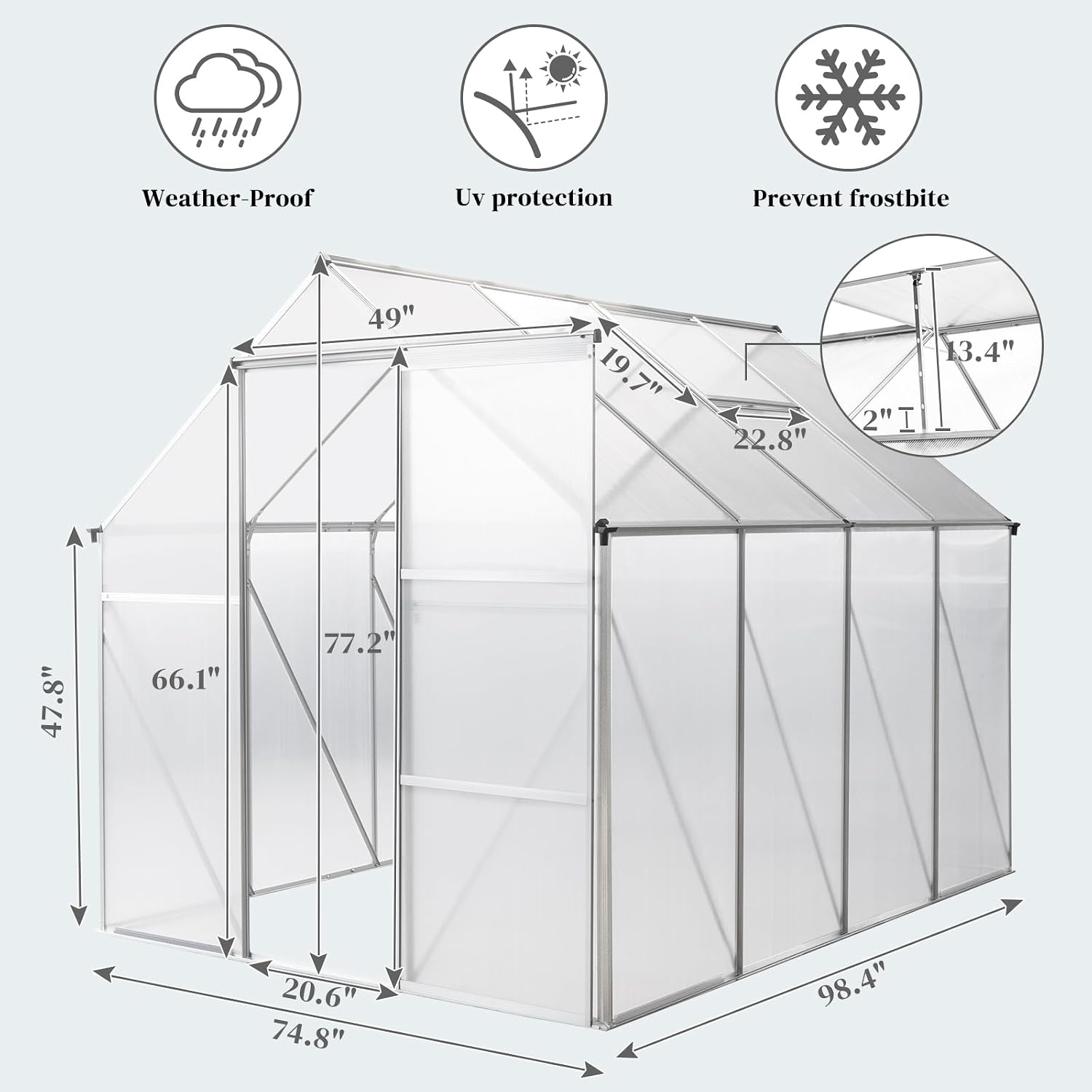 Outvita 6x8 FT Greenhouses for Outdoors, Polycarbonate Greenhouse, Large Walk-in Greenhouse with Quick Setup Structure and Roof Vent, Green Houses for Outside Garden Backyard Patio, Silver