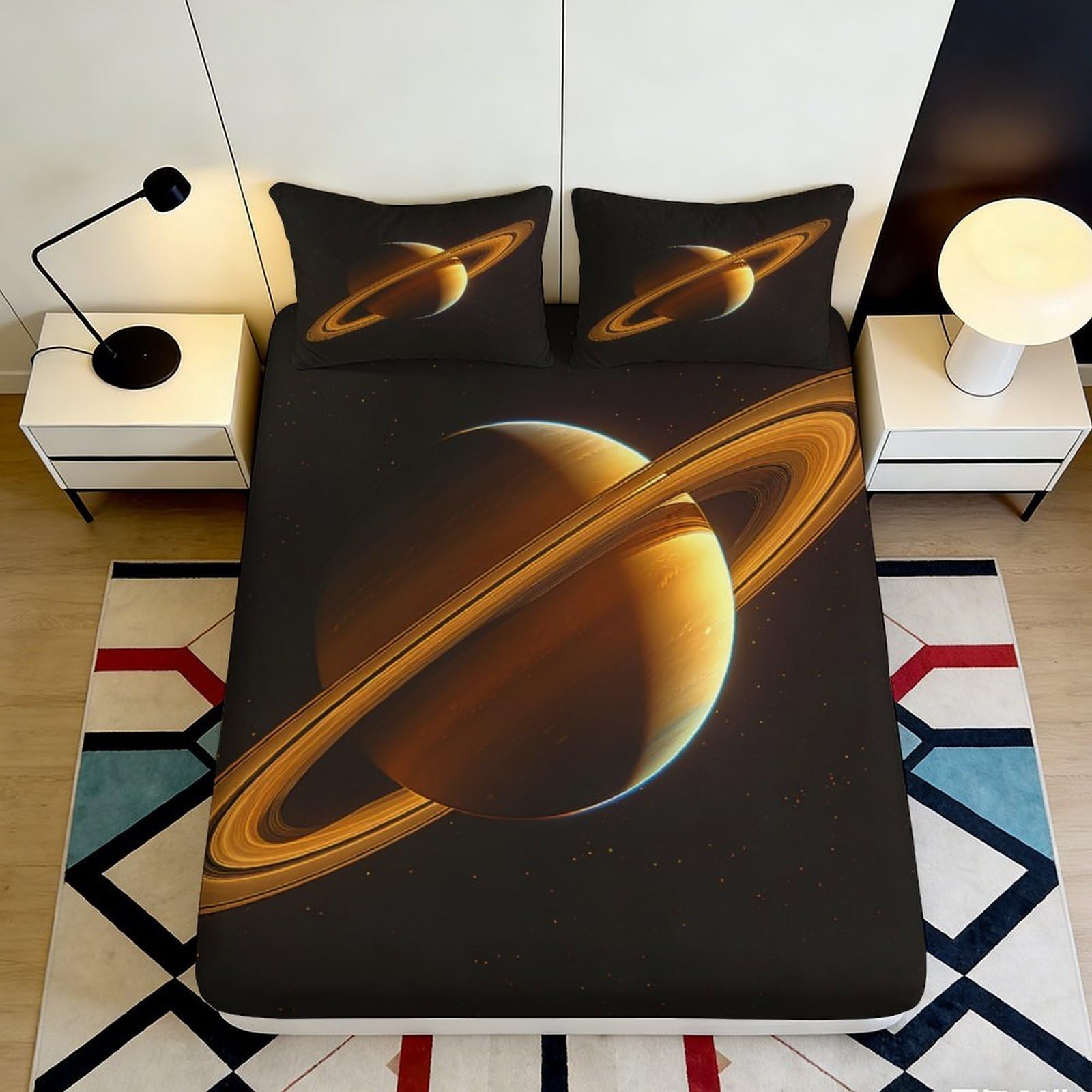 3D Printed Saturn Planet Fitted Sheet Microfiber Soft Breathable Cosmic Ring Bed Cover for Bedroom Dorm Mattress Decor 120x200x25cm