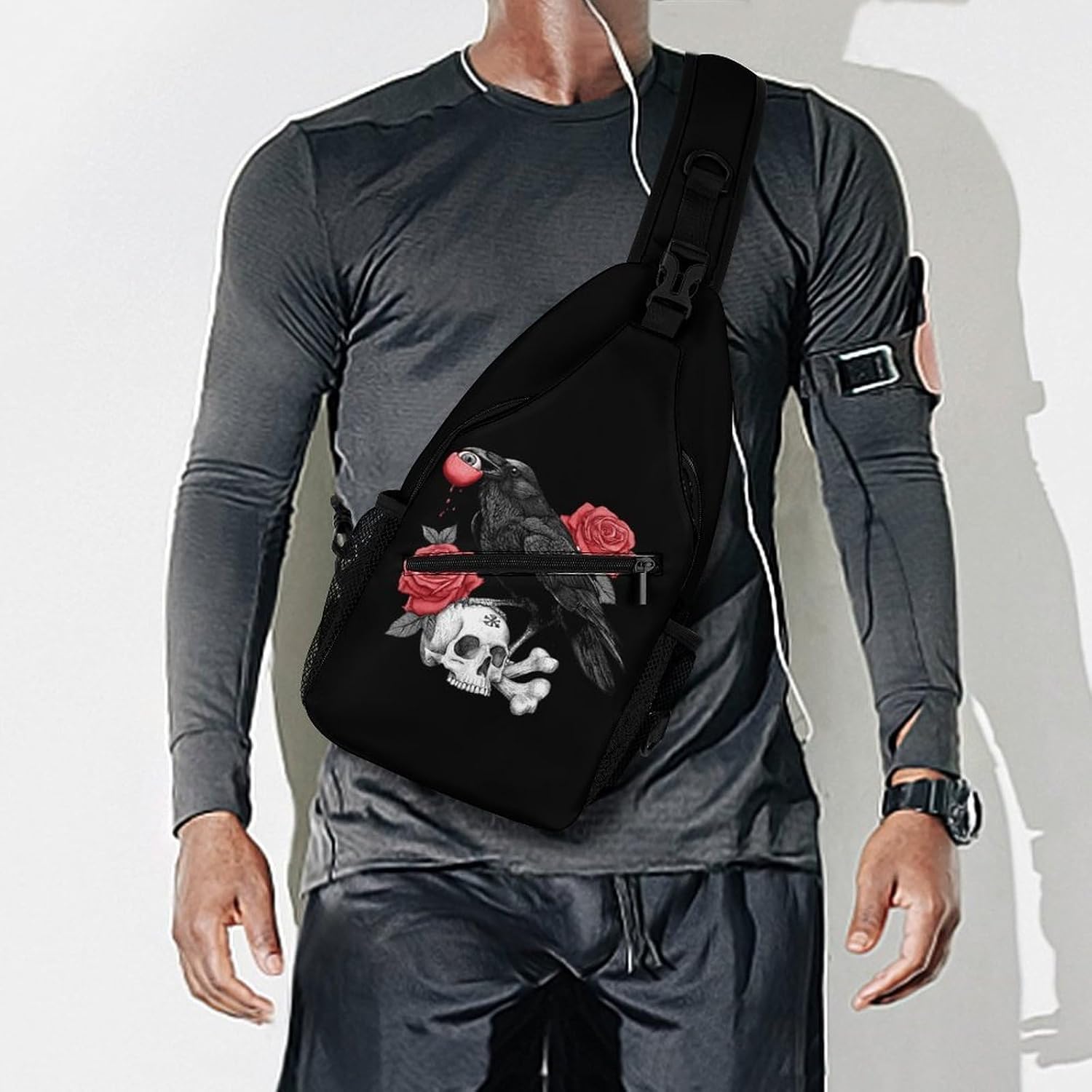 Funny Skull Crow Blackbird Men Crossbody Sling Backpack Chest Bag | Travel Fanny Pack,Hiking Daypack,Print Shoulder Bags