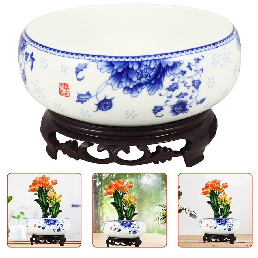 Amazon.co.jp: OUNONA 金魚鉢 睡蓮鉢 陶器 スタンド付き 広口