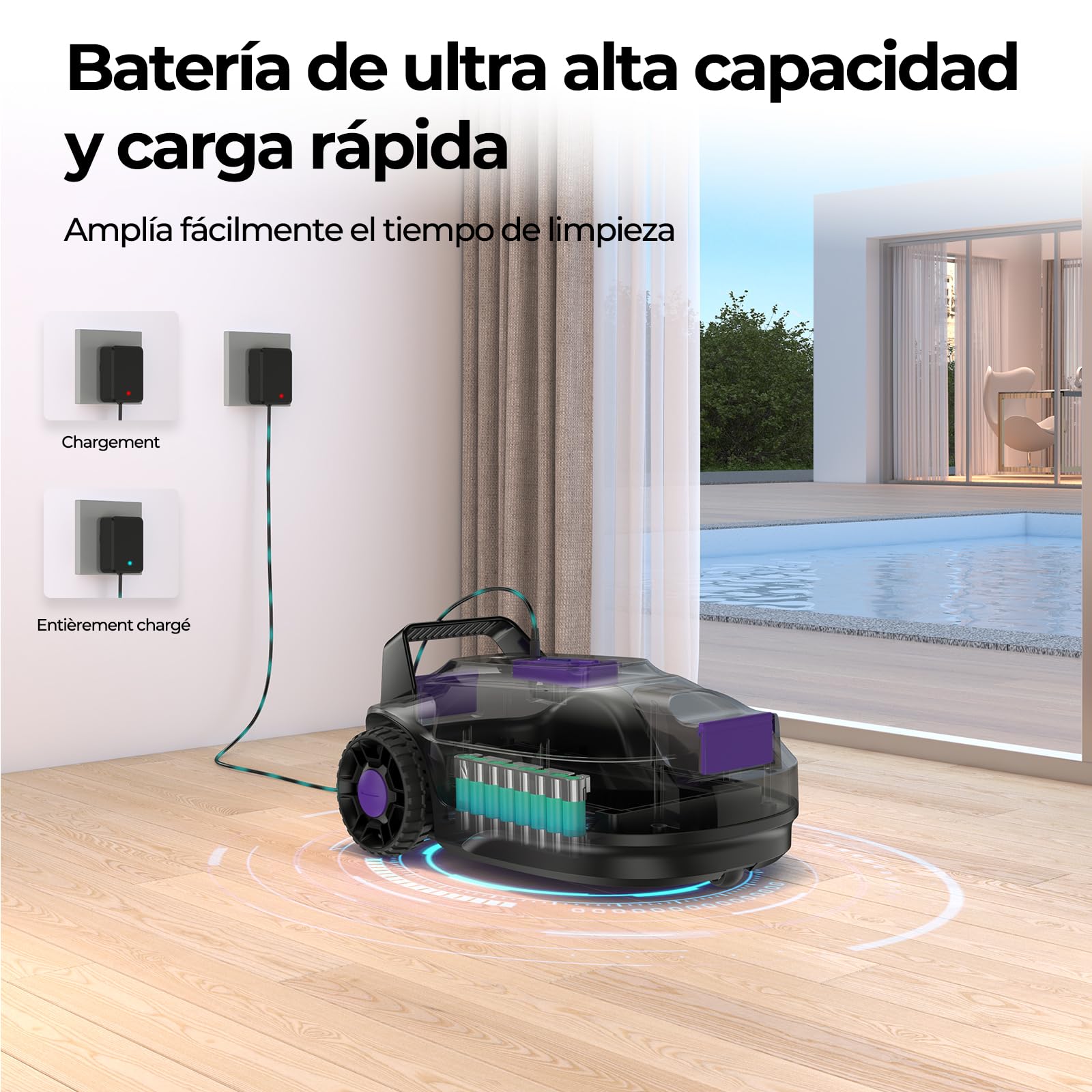 S2 Robot Limpiafondos Piscina, Batería de Doble Motor, 130Min de Autonomía para Piscinas Elevadas de hasta 100m², Sube Pendientes de 18°, Estacionamiento Auto, Doble Filtración