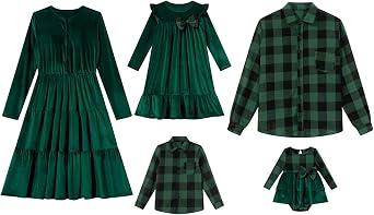AWIBMK Family Matching Outfits Christmas Velvet Plaid Ruffle Mommy and Me Dress Fall Winter Xmas Matching Set for Photoshoot