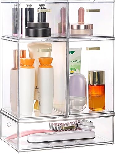 Miniatura 8 de Juego de 5 cajones de almacenamiento apilables, cubos organizadores de acrílico transparente para suministros de belleza, perfectos para tocador de
