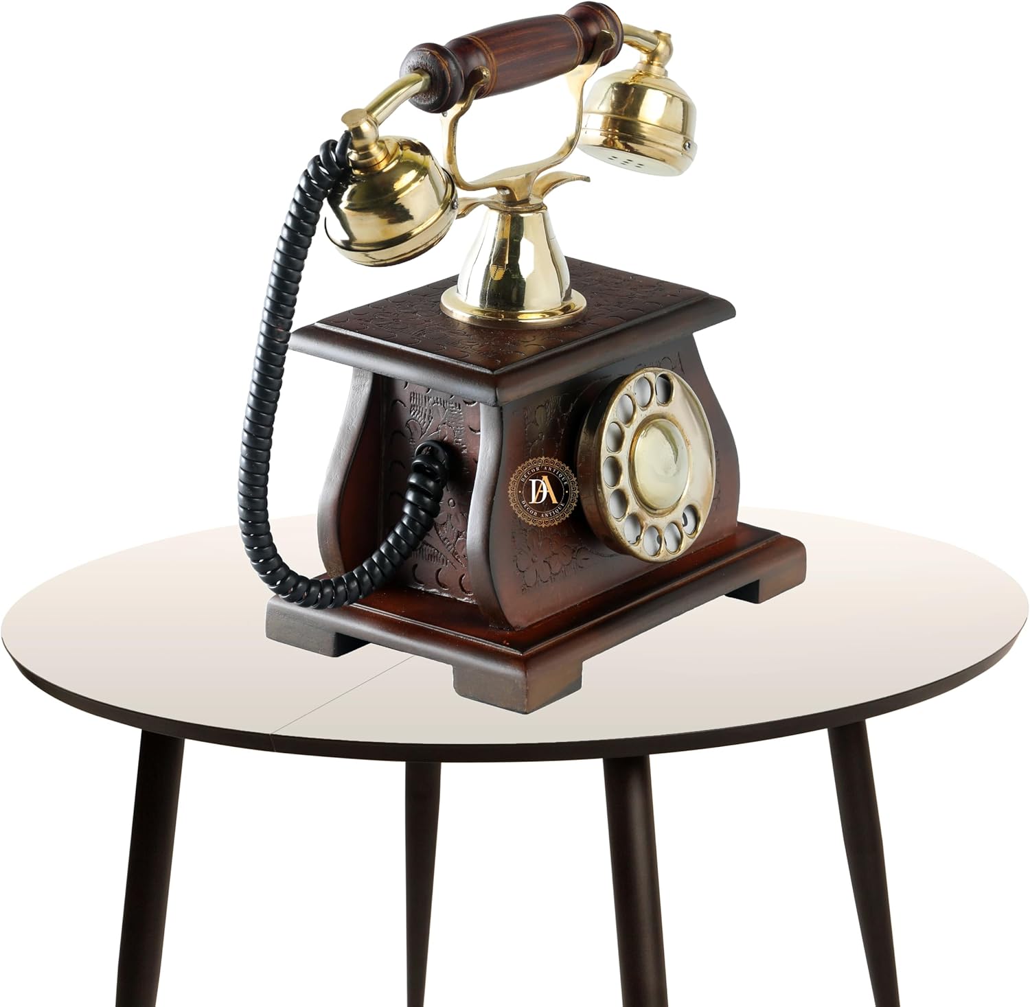Antique Wooden Telephone with Hand-Carved Base – Vintage-Style Decorative Telephone (Non-Functional)