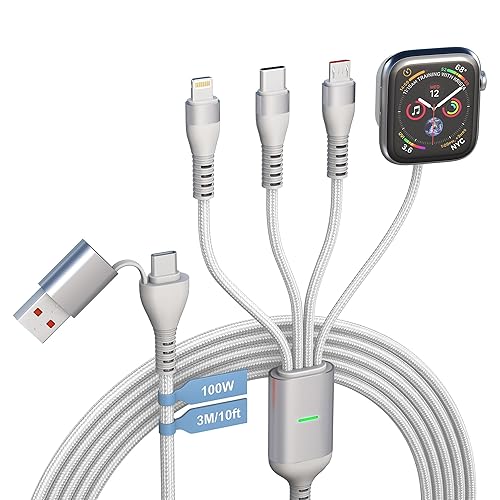 Cable de carga múltiple USB C 4 en 2 de 100 W para iWatchiPhone 15 14AndroidLaptop Certificado MFi, 10 pies, 6A PD Cable de carga múltiple Combo