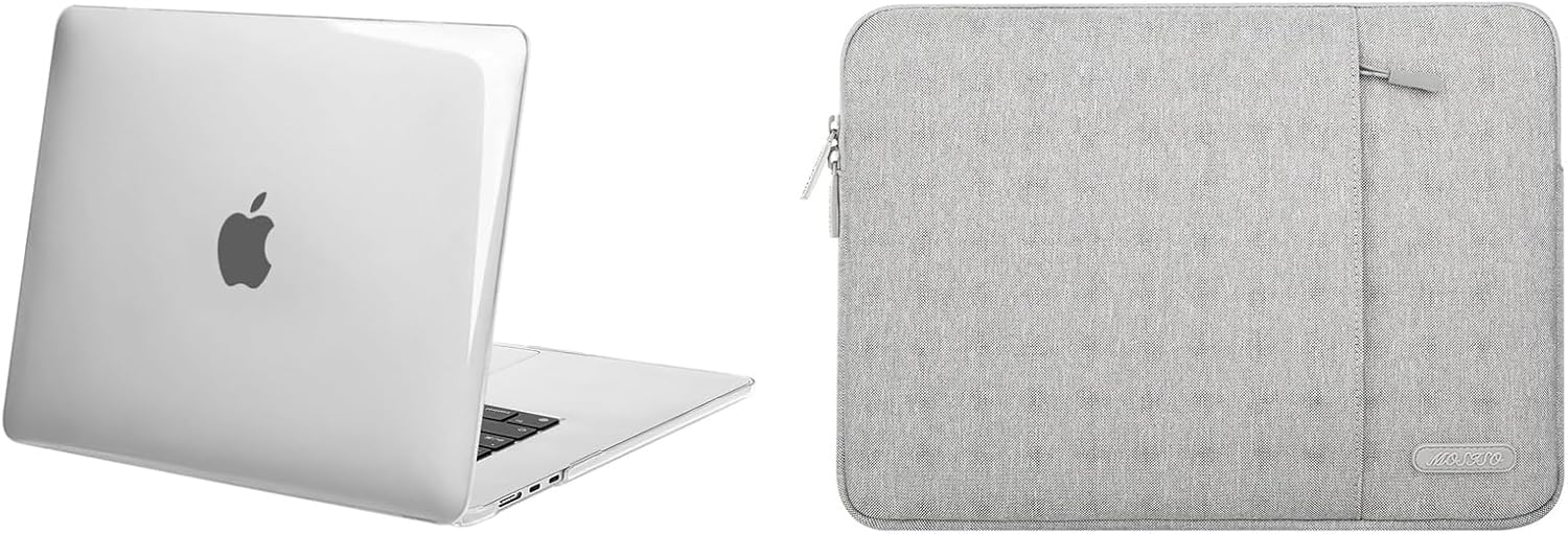 MOSISO Compatible with MacBook Air 15 inch Case 2023 Release A2941 M2 Chip, Protective Plastic Hard Shell Case Cover&Vertical Sleeve Bag with Pocket, Crystal Clear&Gray