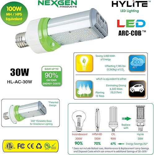 Miniatura 2 de Lámpara LED Arc-Cob de alto rendimiento de 30 W, 120º, (~100W HID), 50K, 4200 lm, 100 ~ 277V para iluminación de inundación, paquetes de pared y