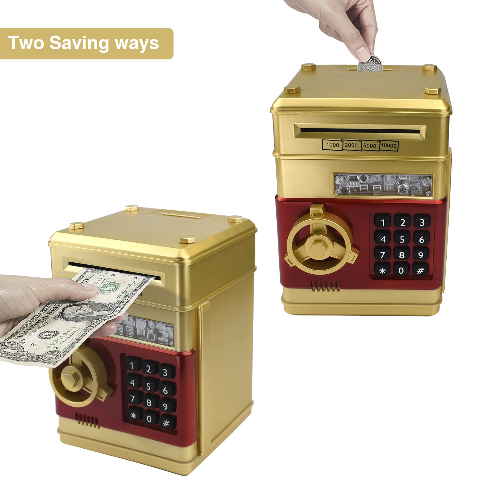 HUSAN Salvadanaio Elettronico per Bambini, Password Salvadanaio Mini ATM Piggy Bank Giocattolo Regalo di Compleanno per Bambini (Oro-)