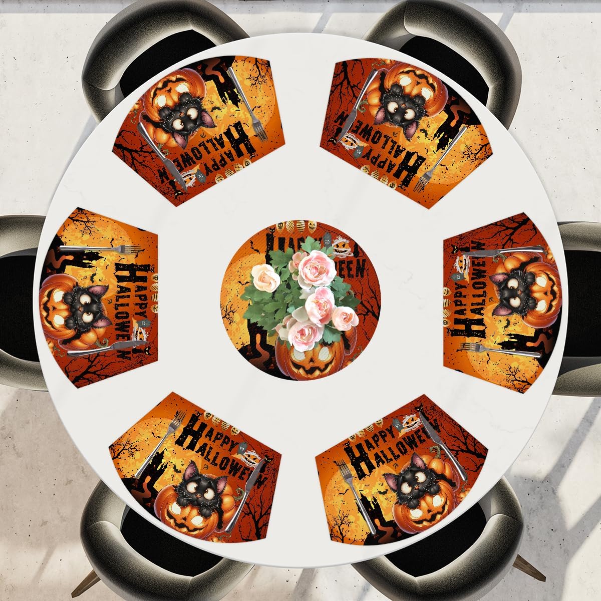 Halloween Cat Pumpkin Wedge Placemats Set of 6+1 pcs PVC Washable Wedge Place Mats Round Table Mat Wipeable Plastic Dining Table Mats for Kitchen Indoor Outdoor Patio Table Decor