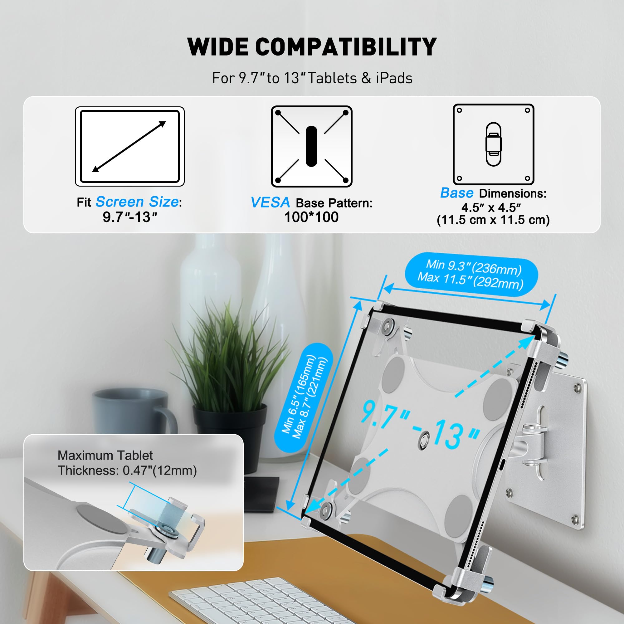 AboveTEK Soporte de Pared para Tablet, Soporte para iPad con función antirrobo (9,7" - 13"), rotación e inclinación de 360°, Soporte VESA para expositores comerciales de Punto de Venta-Plateado