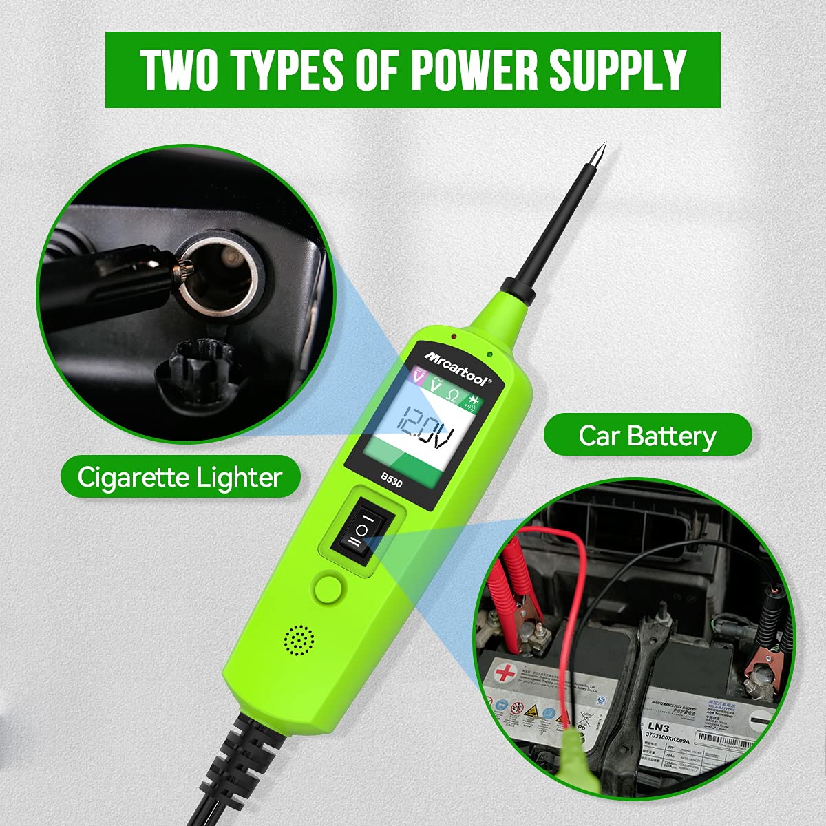 MR CARTOOL B530 Auto Power Circuit Tester Probe Kit, 12V 24V Automotive Elektrisch Systeem Diagnostisch Tool met LED Zaklamp, 10M Kabel, Power Circuit Tester, Digitale Spanning Tester, Multimeter