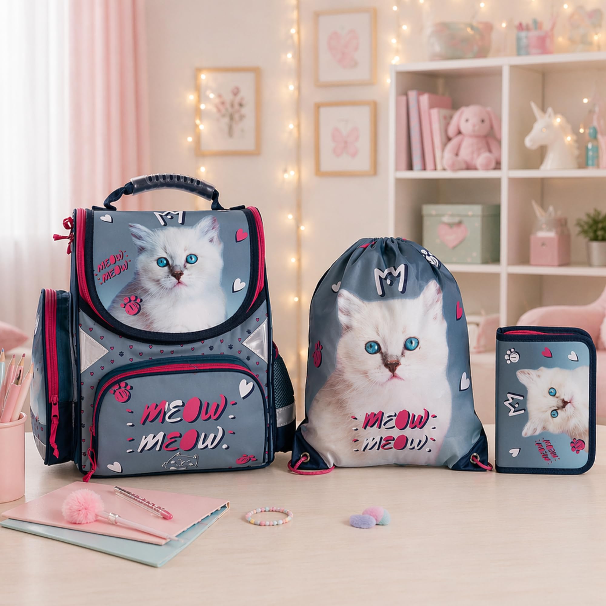 Goldkids Cartella per la scuola con motivo gatto ergonomico, astuccio per matite, per la scuola elementare, set da 4 pezzi, adatto a partire dalla prima classe della scuola elementare.