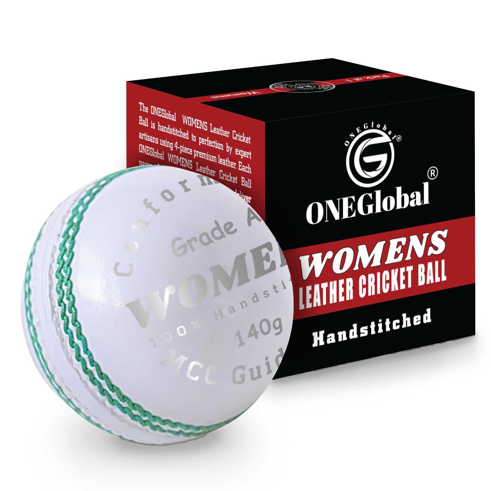 ONEGlobal Supreme Genuine Leather Cricket Ball | Leather Ball with Handstitched Seam | Match Quality Hard Balls for Club & League Matches (5oz Womens, 1-White)