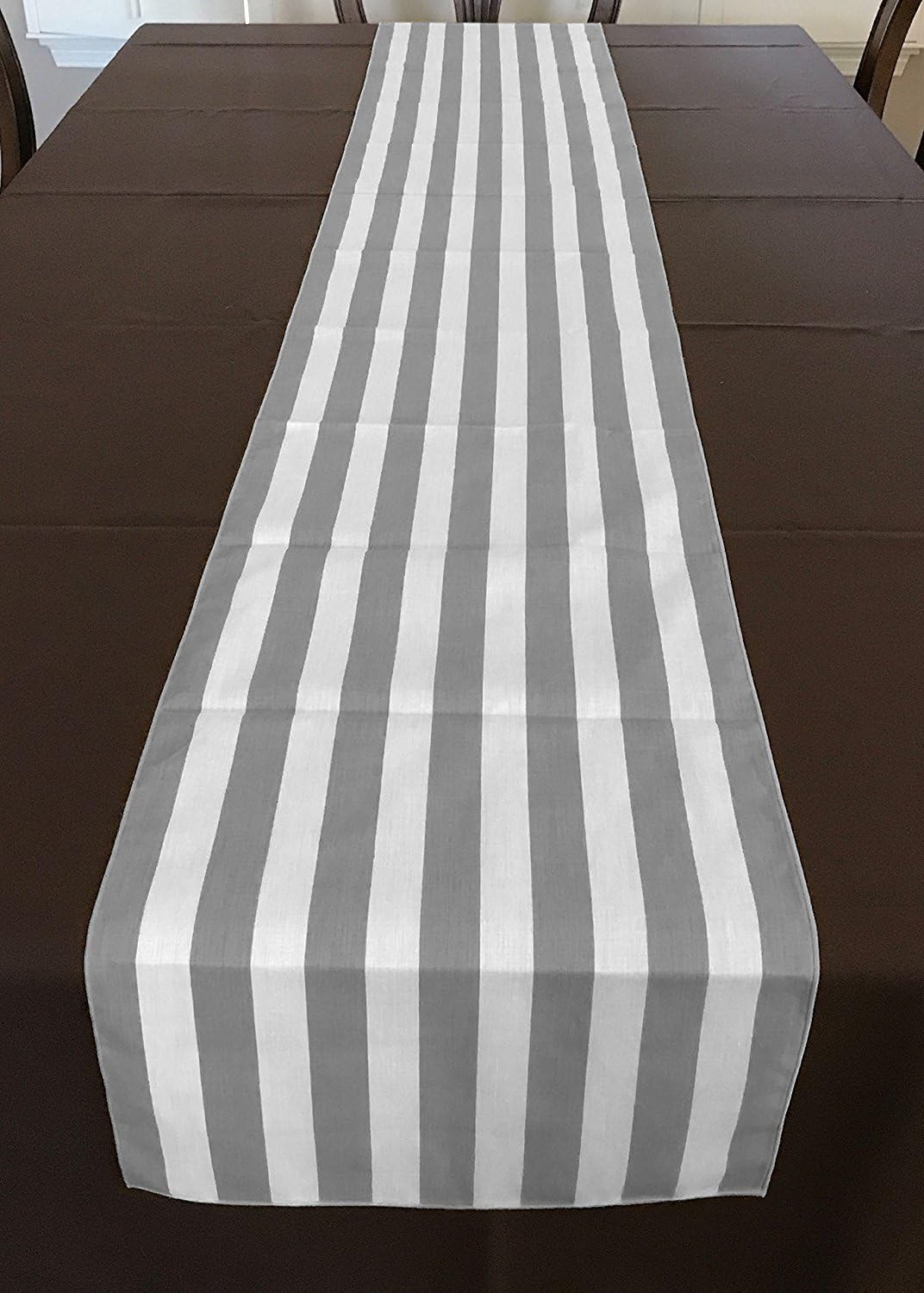 lovemyfabric Stripes and Solid Table Linen Set for Formal or Causal Dinning with 1 Solid Polyester Tablecloth, 8 Striped Poly Cotton Napkins and 1 Striped Poly Cotton Runner (Silver)
