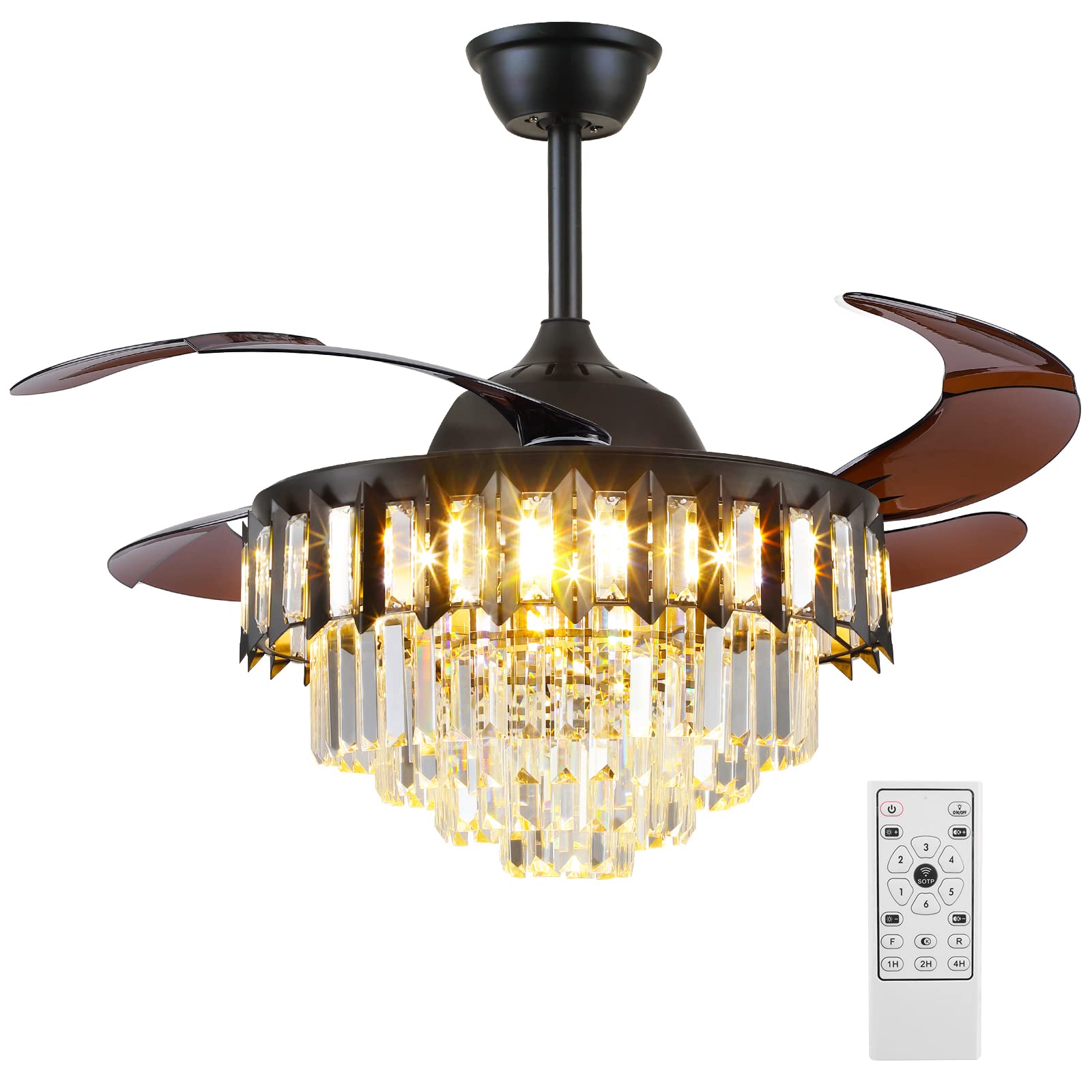 Photo 1 of Asyko Crystal Retractable Chandelier Ceiling Fan, Retractable Ceiling Fans with Lights Remote, Dimmable with Memory Function,Crystal Fandelier Ceiling Fans for Living Room, Bedroom, Dining Room (42")